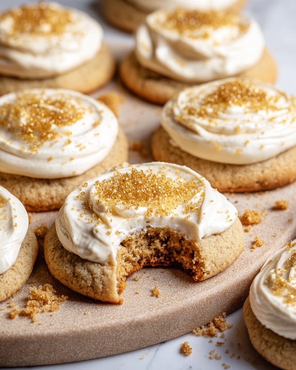 The image shows several round cookies arranged on a light brown textured board placed on a white marbled surface. Each cookie has a soft, light brown base with a slightly rough texture. On top of every cookie is a thick layer of white cream frosting, swirled smoothly and evenly. The frosting is decorated with coarse golden brown sugar crystals sprinkled over its surface, adding a sparkling touch. One cookie in the center has a bite taken out of it, revealing a crumbly and dense inside. Some sugar crystals and small crumbs are scattered around the cookies on the board. photo taken with an iphone --ar 4:5 --v 7