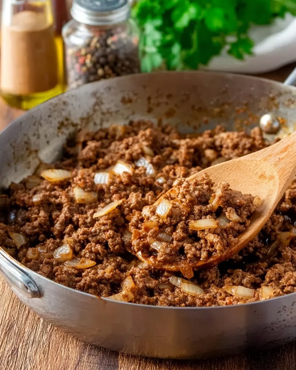 A close-up view shows a metal pan filled with cooked ground meat mixed with small pieces of translucent cooked onions, giving the mixture a brown and slightly shiny texture. A wooden spoon is scooping some of the meat, positioned on the right side of the pan. The pan rests on a wooden surface with a blurred glass jar of spices and some green leaves visible in the background. Photo taken with an iphone --ar 4:5 --v 7