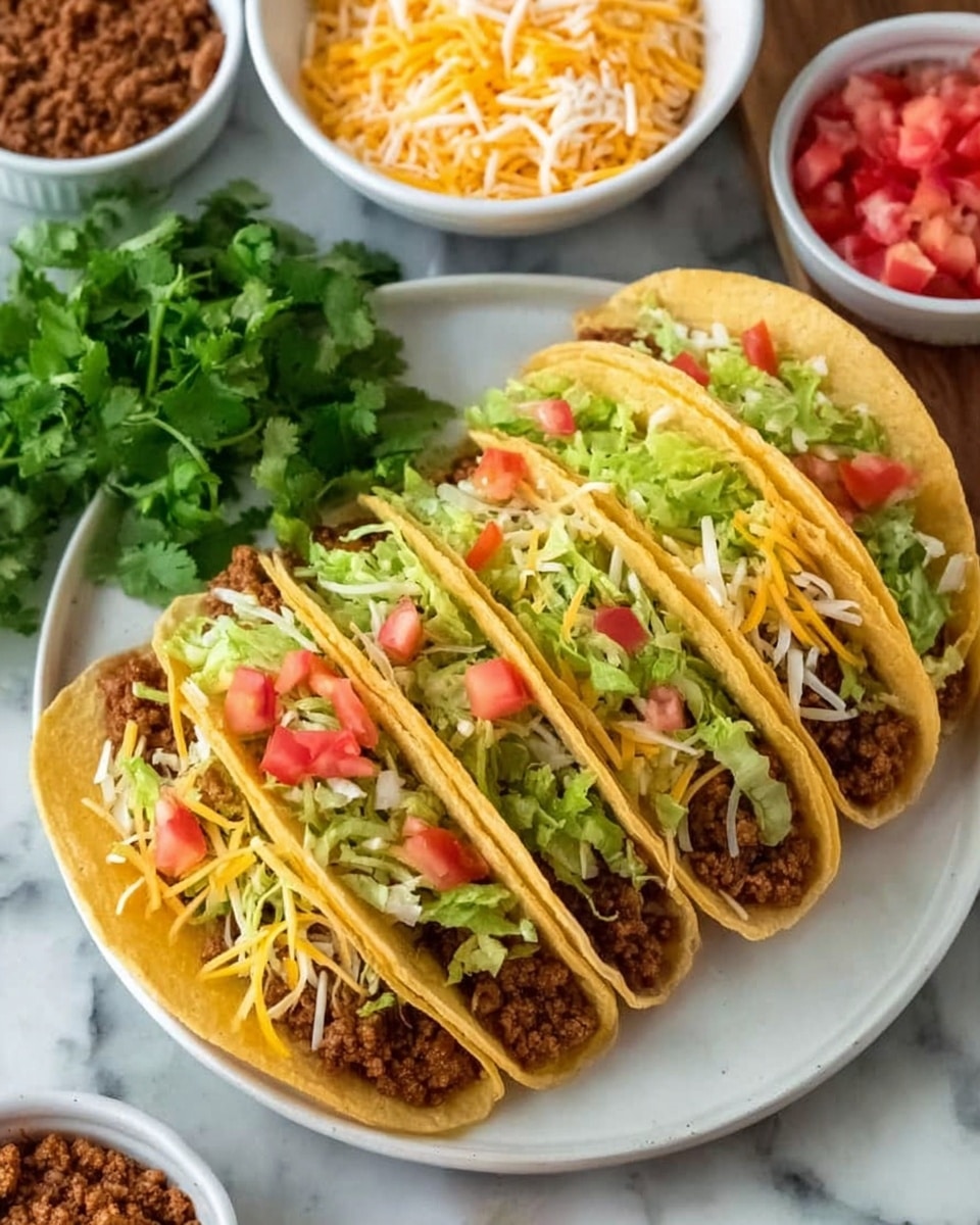 A white plate on a white marbled surface holds five tacos arranged in a row. Each taco has a soft, pale yellow shell filled with a base layer of brown seasoned meat, topped with shredded yellow and white cheese, bright green shredded lettuce, and small pieces of red diced tomatoes. To the side of the plate, there is a bunch of fresh green cilantro. In the background, a white bowl filled with shredded yellow and white cheese and other small bowls with diced tomatoes and more seasoned meat are visible. Photo taken with an iphone --ar 4:5 --v 7