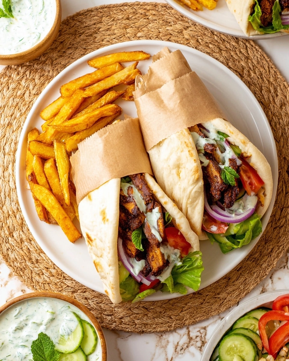 The image shows two wraps on a white plate sitting on a woven placemat with a white marbled surface underneath. Each wrap has a light beige flatbread folded around layers of dark brown seasoned pieces, bright green lettuce leaves, red tomato slices, thin purple onion rings, and light green cucumber slices, all topped with a white sauce. The top parts of the wraps are partially covered with brown paper. On the left side of the plate, there are golden-brown fried potato sticks. Around the plate, there are bowls with white creamy sauce garnished with fresh green leaves and sliced light green cucumber. Photo taken with an iphone --ar 4:5 --v 7
