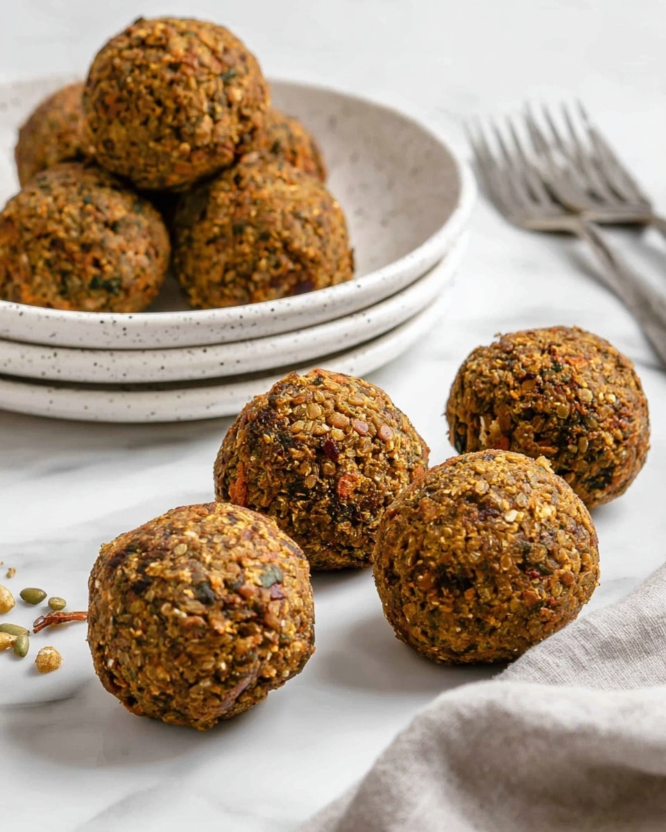 The image shows a group of seven round, brown falafel-like balls with a coarse texture, resting on a white marbled surface. Five balls are scattered in the foreground, revealing bits of grains and herbs in earthy tones of dark brown, orange, and green. Behind them, two more balls sit inside a shallow white plate with tiny black speckles, placed slightly to the left. To the right edge of the image, there is a silver fork and knife set on the white marbled surface, near a folded light gray cloth napkin. The overall style is clean and bright, highlighting the natural texture and colors of the balls. photo taken with an iphone --ar 4:5 --v 7