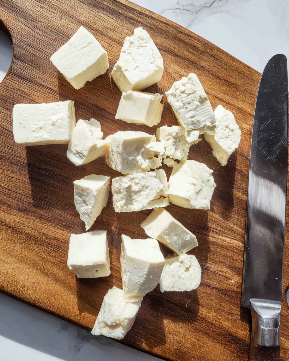 The image shows a wooden board with several uneven white cheese cubes scattered on it. The cheese pieces vary in size and shape, some with smooth surfaces and others with crumbly textures. To the right side of the board, there is a shiny metal knife with a smooth handle resting flat. The background is a white marbled texture. photo taken with an iphone --ar 4:5 --v 7