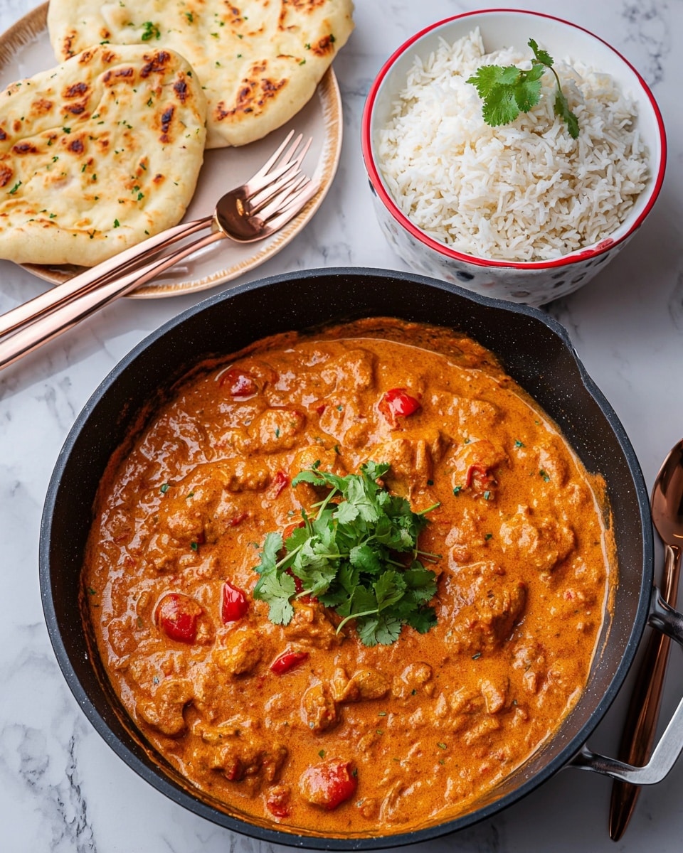 A large black pan filled with thick orange curry with visible pieces of meat and red tomato chunks, topped with a small bunch of fresh green cilantro leaves in the center. To the top left, two pieces of light golden naan bread with some brown spots lie on a white plate. To the top right, a white bowl with a red rim holds plain white rice garnished with a small sprig of cilantro. The setup is on a white marbled surface with a rose gold spoon and fork placed beside the naan plate. Photo taken with an iphone --ar 4:5 --v 7