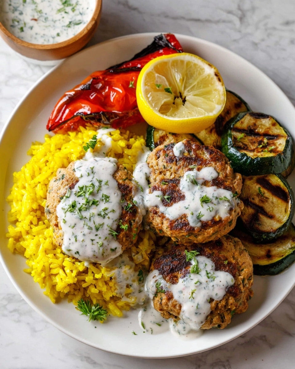 A white round plate holds a vibrant meal with three light brown patties in the front, each topped with a creamy white sauce speckled with green herbs that drips slightly on the sides. To the right of the patties, there is a mound of bright yellow rice mixed with small green herb sprigs, and a yellow lemon wedge peeks from the side above the rice. Next to the rice, there are grilled vegetable pieces: deep red bell peppers and round slices of dark grilled zucchini, showing slightly charred edges. The plate sits on a white marbled surface, and a small bowl of white sauce with green herb bits is partly visible at the top left corner. Photo taken with an iphone --ar 4:5 --v 7