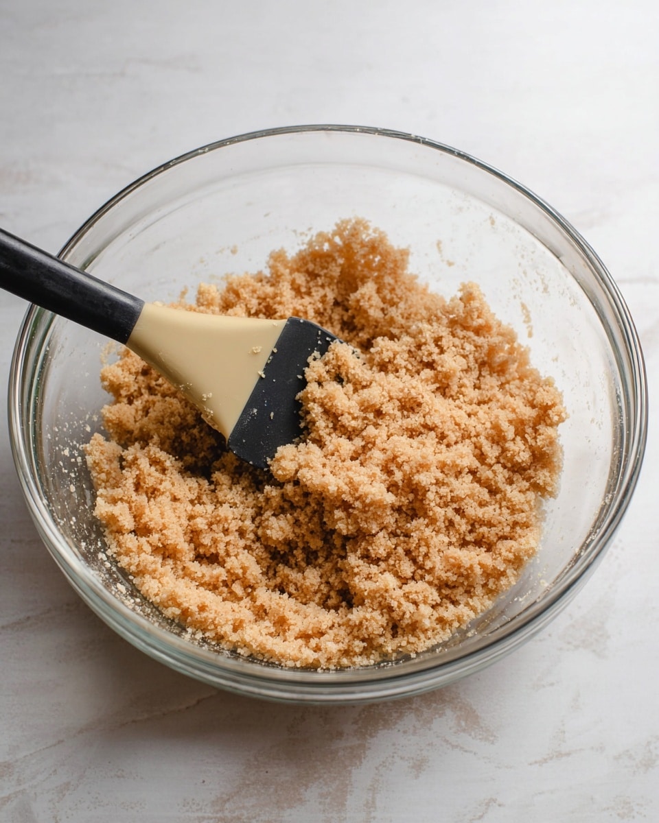 A clear glass bowl sits on a white marbled surface, holding a mix of crumbly, light brown crumbs with a slightly coarse texture. A black rubber spatula with a beige flat end rests inside the bowl, touching the crumb mixture. The crumbs look dry and grainy, and the bowl is clean on the sides above the mixture. The background is softly blurred, keeping focus on the bowl and crumbs photo taken with an iphone --ar 4:5 --v 7