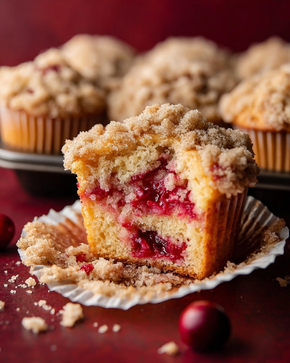 The image shows a crumb-topped muffin with two main layers: a moist golden cake base and a bright red fruit filling in the middle, surrounded by a light brown crumbly topping that covers the muffin's top. The muffin sits on peeled white paper liner with crumbs scattered around it and a whole red berry nearby on a dark red surface with a soft focus of similar muffins stacked behind it on a tray. photo taken with an iphone --ar 4:5 --v 7