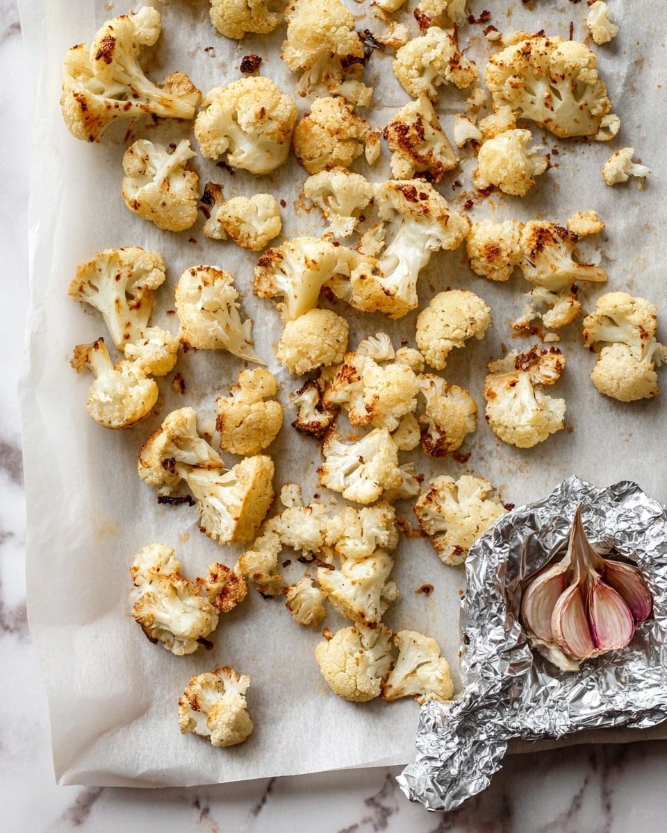 The image shows many pieces of roasted cauliflower spread on white parchment paper over a white marbled surface. The cauliflower pieces are light golden with some darker brown roasted spots, showing a crispy and cooked texture. In the bottom right corner, there is a half head of garlic roasted till soft, wrapped partly in crumpled silver foil. The whole setup has a clean and bright look with natural light. photo taken with an iphone --ar 4:5 --v 7