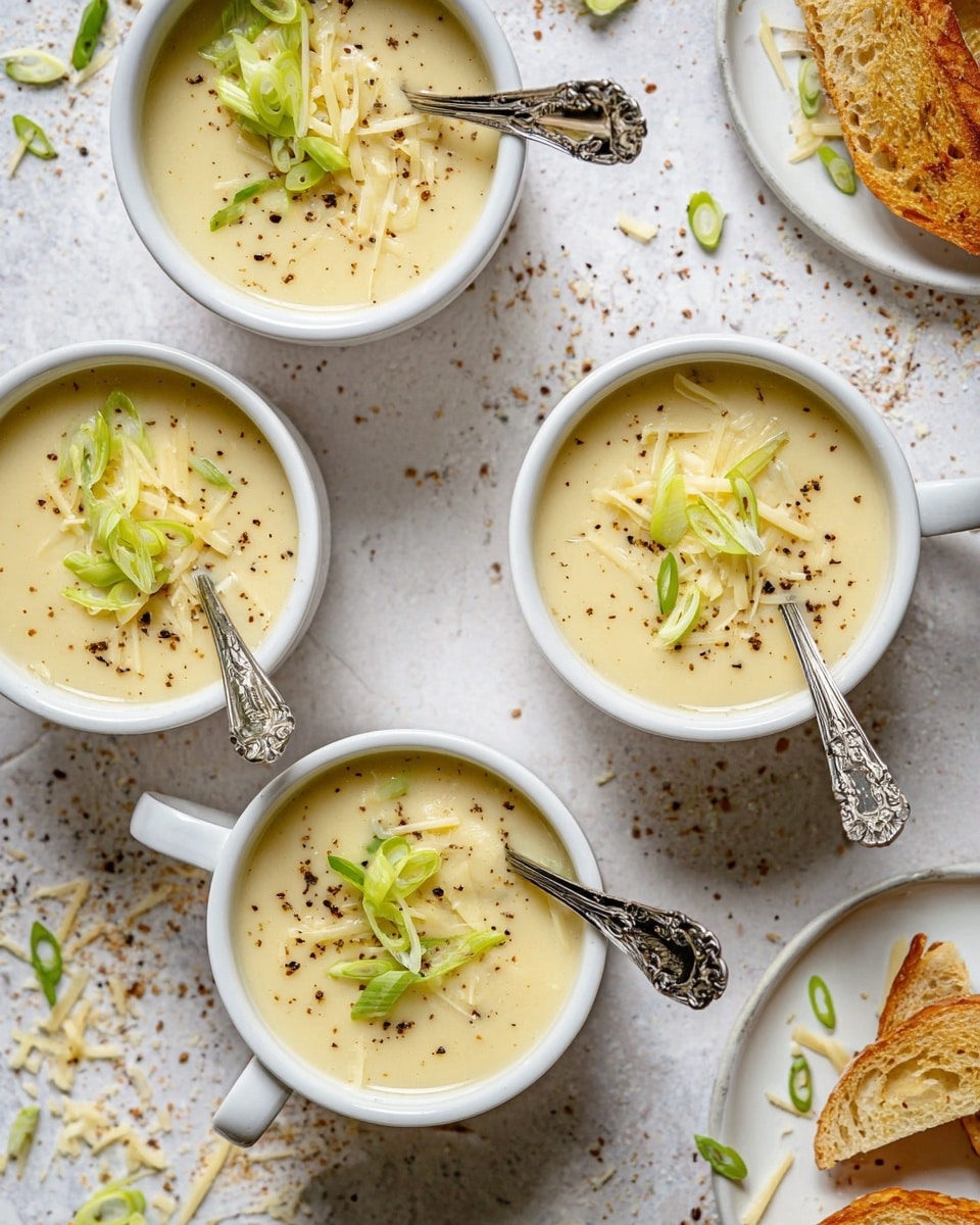 The image shows four white cups filled with creamy light yellow soup, each topped with thin slices of light green scallions and small piles of pale yellow shredded cheese, along with a sprinkle of black pepper. Two cups have ornate silver spoons inside, placed on a white marbled surface scattered with tiny crumbs and bits of scallion. To the right, one white plate holds a cup of soup and a few pieces of toasted light brown bread with a crusty texture. The overall setting is bright with the white marbled background emphasizing the soup and its garnishes photo taken with an iphone --ar 4:5 --v 7