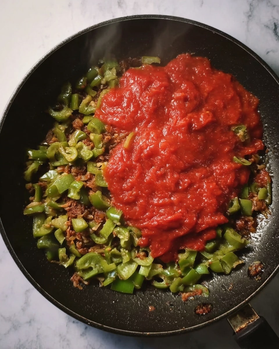 A black frying pan filled with cooked chopped green bell peppers and small bits of browned food evenly spread across the bottom. On top, there is a thick layer of chunky red tomato sauce spread mostly in the center, showing steam rising. The pan sits on a white marbled surface. Photo taken with an iphone --ar 4:5 --v 7