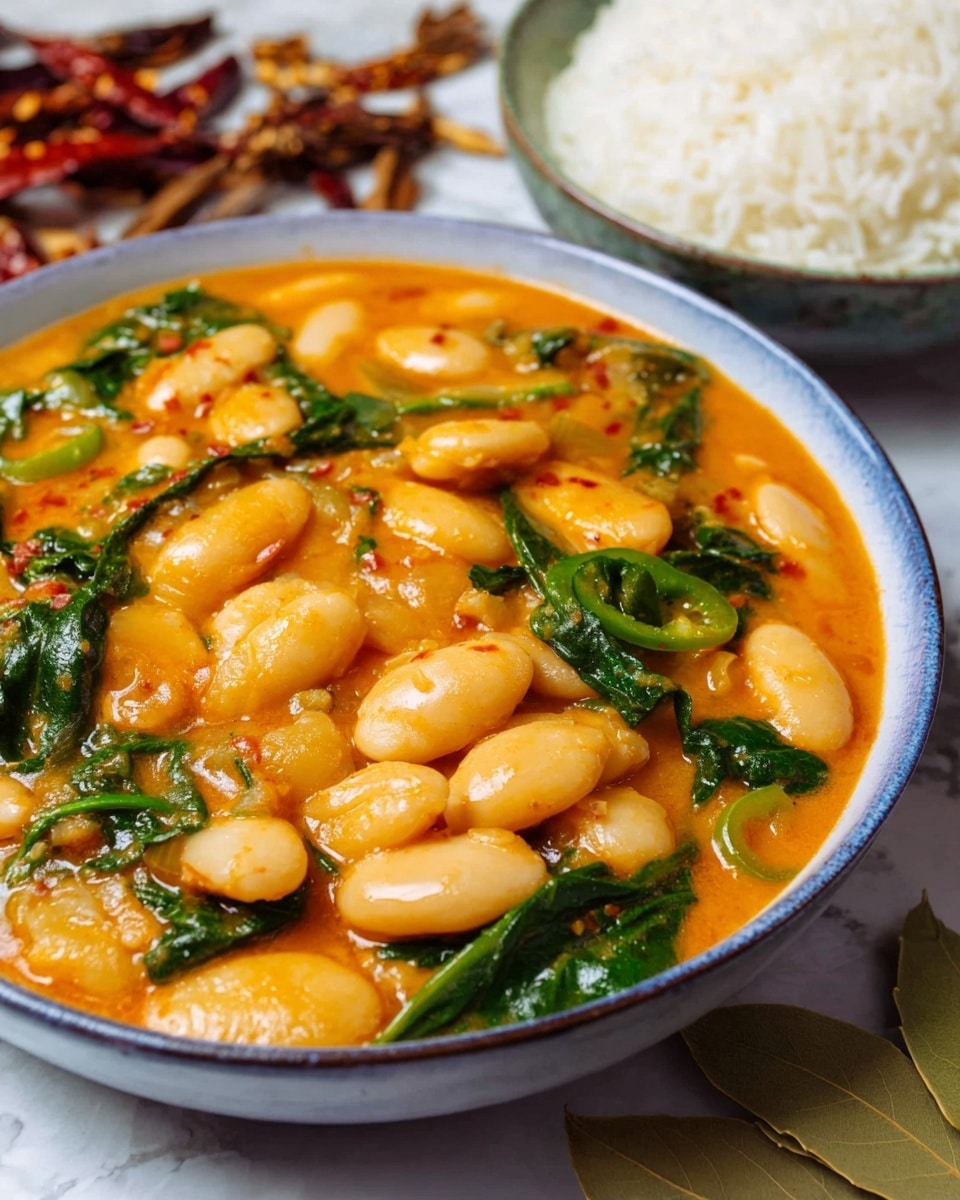 A bowl of thick, creamy stew filled with large, soft white beans mixed with bright green spinach leaves and pieces of green chili peppers in a vibrant orange sauce. The stew fills a deep white bowl with a slight blue inner rim, showing the glossy texture of the sauce and the plumpness of the beans. In the background, to the top right side, there is a white bowl filled with cooked white rice. The dish is set on a white marbled surface with some dried pods and chili flakes scattered around, adding a rustic touch. photo taken with an iphone --ar 4:5 --v 7