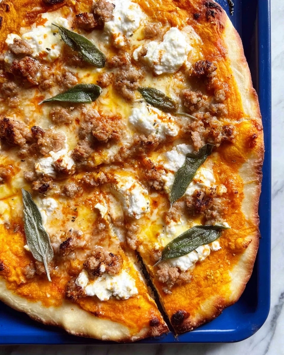 A piece of pizza with a golden-brown crust, topped with a bright orange tomato sauce spread evenly as the base layer, followed by a layer of melted light yellow cheese. On top, there are small chunks of cooked brown sausage scattered around, dollops of white ricotta cheese placed in irregular spots, and several green sage leaves spread over the surface. The pizza is on a baking tray with a blue color, set on a white marbled background. photo taken with an iphone --ar 4:5 --v 7