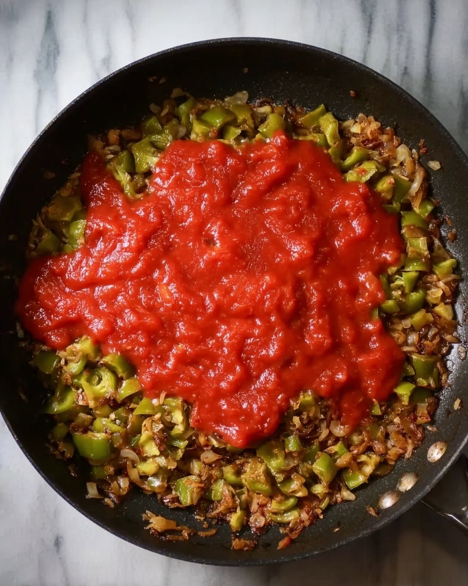 A black pan filled with cooked pieces of green bell peppers and small bits of browned onions, spread evenly across the base. On top of this layer is a thick coating of bright red tomato sauce covering the center of the pan, looking hot and steamy. The pan rests on a white marbled surface. photo taken with an iphone --ar 4:5 --v 7