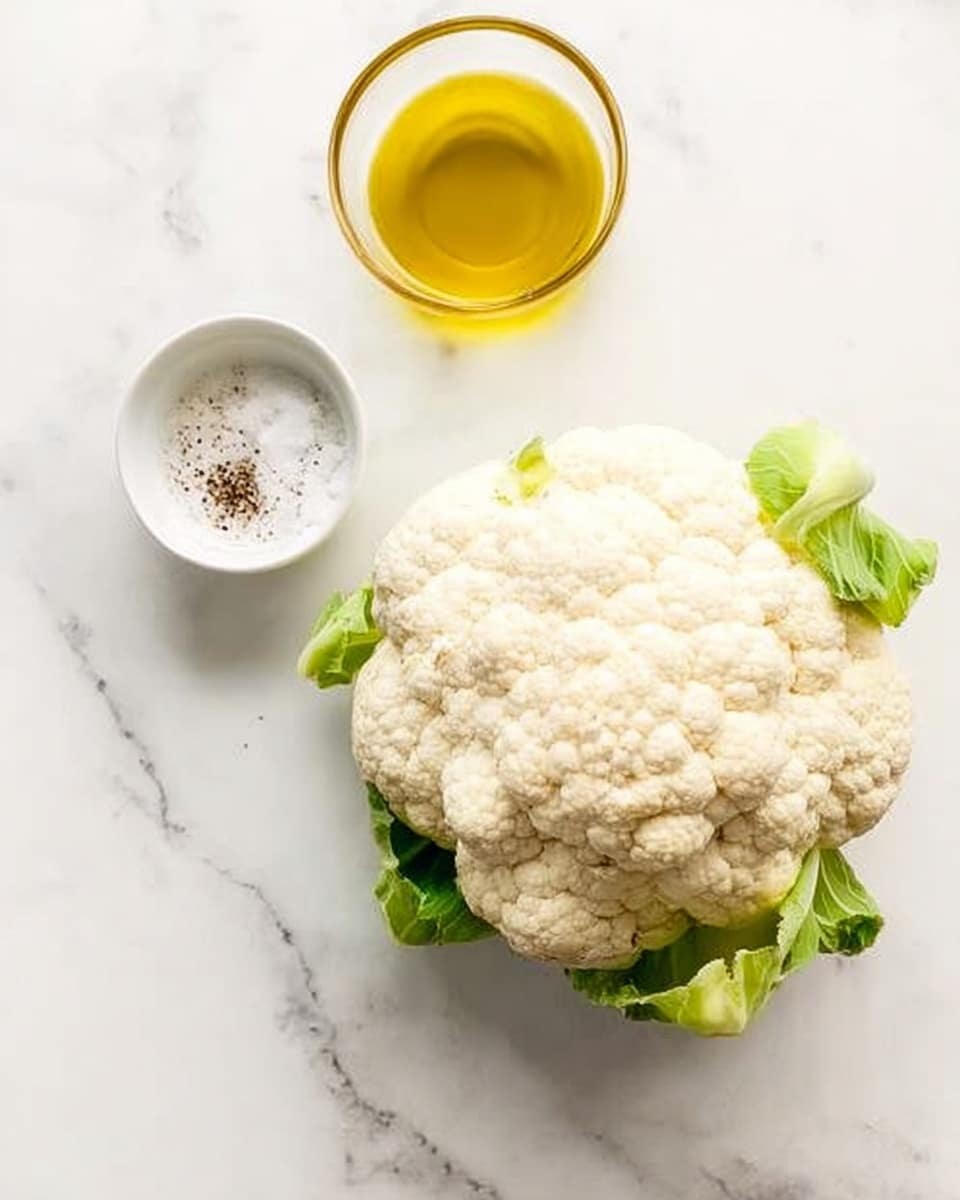 A whole white cauliflower with a few light green leaves around it is placed on a white marbled surface. To the left of the cauliflower, there is a small white bowl with salt and black pepper inside. Next to this bowl, there is a small clear container filled with golden olive oil. The scene is bright and clean with no other items visible. Photo taken with an iphone --ar 4:5 --v 7
