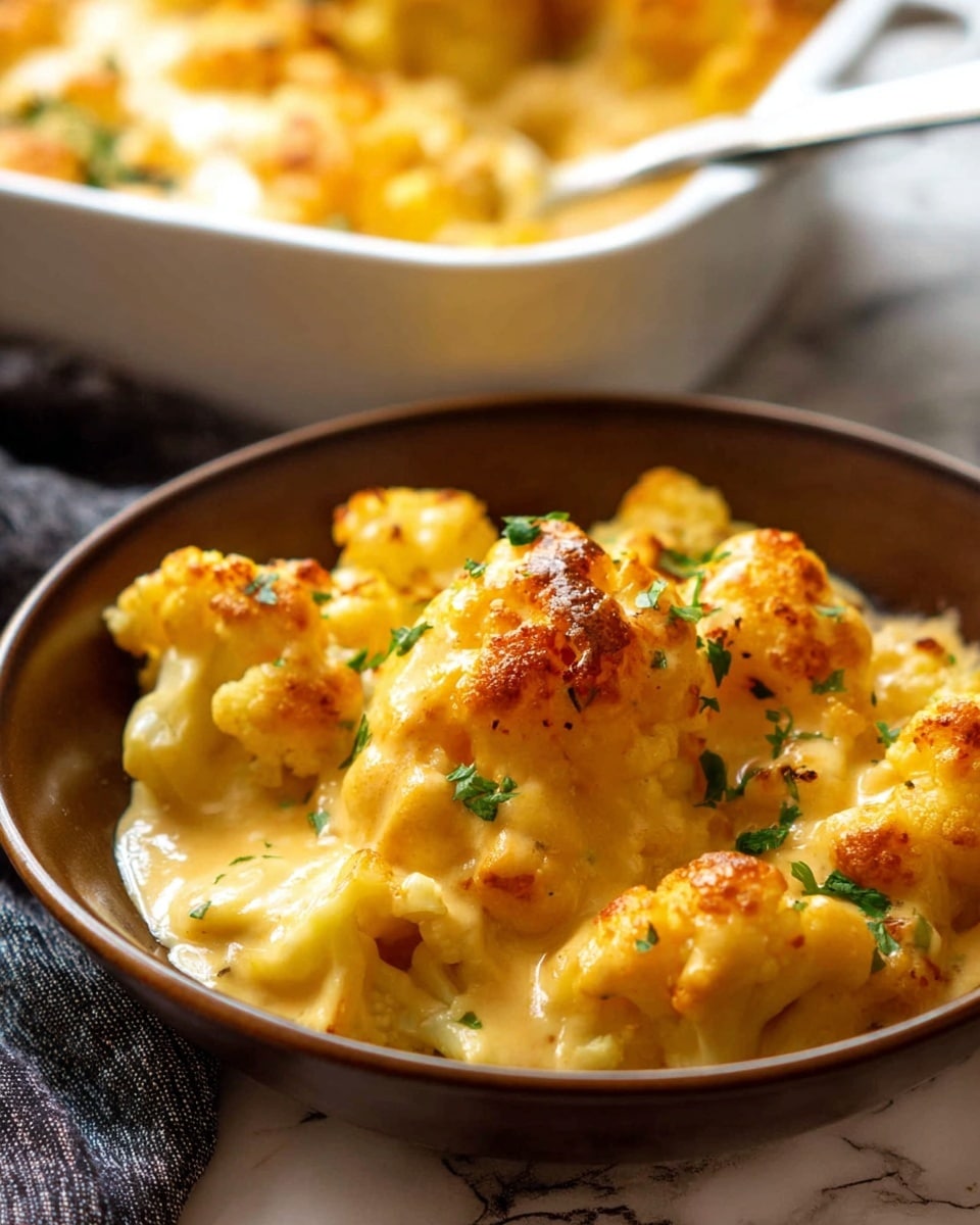 A close-up of a brown bowl filled with creamy baked cauliflower cheese. The dish has large, golden-yellow cauliflower pieces covered in a smooth, rich cheese sauce that looks thick and shiny, with a few browned spots on top from baking. Small green parsley bits are sprinkled over the cauliflower for color contrast. In the background, there is a white baking dish with more of the same cheesy cauliflower mixture, and the scene is set against a white marbled texture. Photo taken with an iphone --ar 4:5 --v 7