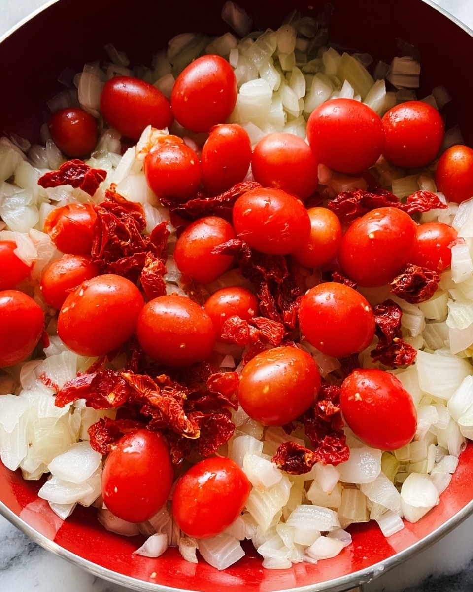 The image shows a close-up view of a cooking pan with three main layers visible. The bottom layer is chopped onions, white and slightly translucent, spread evenly across the pan. Scattered on top of the onions are thin, irregular pieces of dried red tomatoes, adding a rich red-orange color and a rough texture. Above these are shiny, whole cherry tomatoes, bright red and smooth, arranged unevenly over the onions and dried tomatoes. The pan's sides are red, and the surface beneath is a white marbled texture. photo taken with an iphone --ar 4:5 --v 7