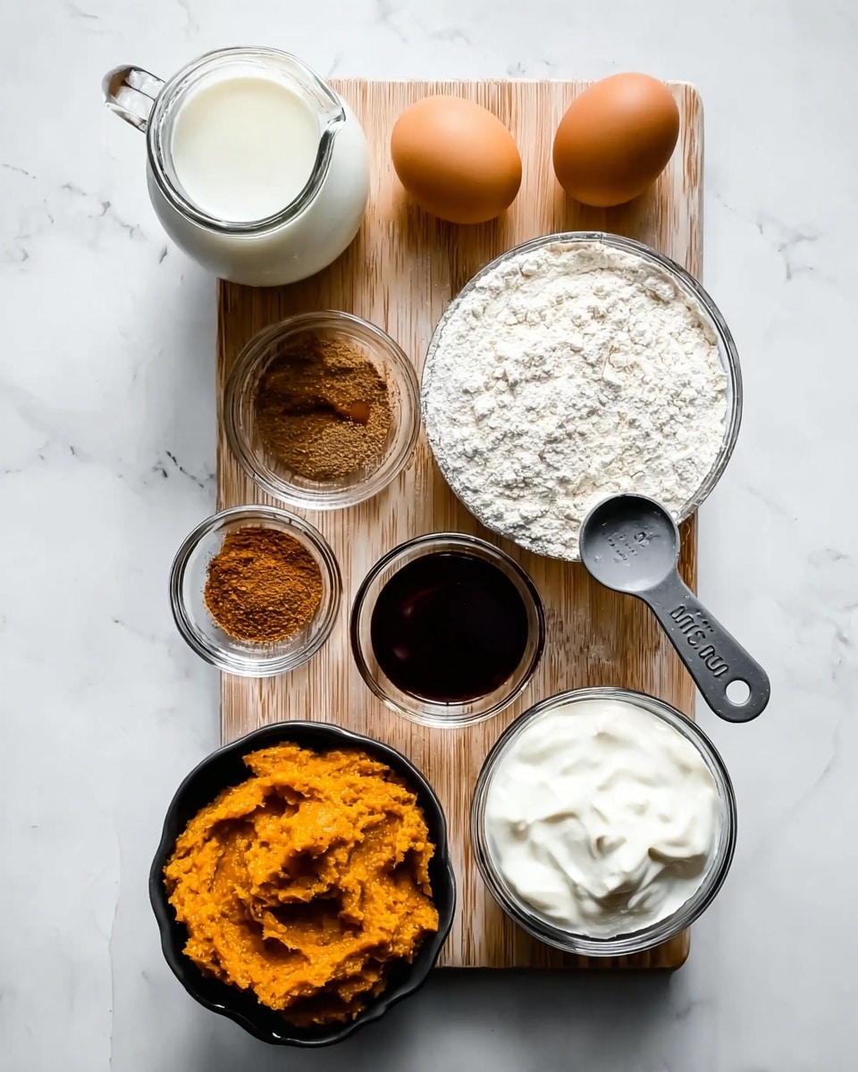 The image shows seven baking ingredients neatly arranged on a small wooden board placed on a white marbled surface. In the top left, there is a glass jug filled with milk. Below it, two brown eggs rest side by side. To the right of the eggs, there is a black measuring cup full of white flour, with a gray measuring spoon underneath that appears empty. Next to the flour, a small glass bowl holds a brown spice mix, and above it, a smaller bowl contains dark liquid vanilla extract. Finally, at the bottom left, an orange mashed pumpkin sits in another black measuring cup, and a glass bowl filled with thick white yogurt is to its right. The photo taken with an iphone --ar 4:5 --v 7