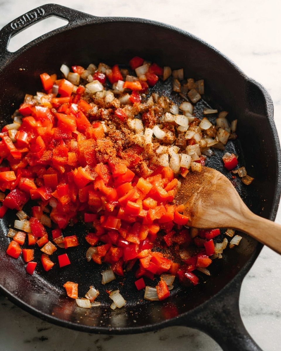 A black cast iron pan holds diced red bell peppers and onions cooking evenly, with a wooden spoon stirring from the right side. The vegetables are three layers: the bottom is black textured pan surface, the middle layer consists of small white and translucent onion pieces mixed with bright red bell pepper chunks, and the top layer has a light dusting of brown seasoning. The pan is on a white marbled surface with natural light softly highlighting the food. photo taken with an iphone --ar 4:5 --v 7