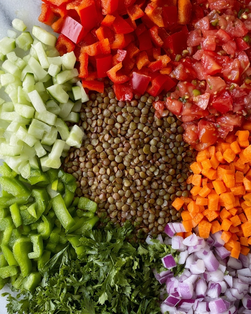 The image shows a close-up top view of seven neatly arranged layers of diced fresh vegetables and lentils on a white marbled surface. Starting from the top left corner, there is a layer of light green cucumber pieces with a smooth texture, followed by a layer of bright red chopped bell peppers next to it. To the top right, there is a layer of finely chopped red tomatoes with juicy texture. In the center of the image, a layer of small brown lentils creates a dense and grainy texture. Below the lentils, on the bottom left, is a layer of vivid green bell peppers with a fresh texture. Next to it, in the bottom center, there is a layer of bright orange diced carrots adding vibrant color. Finally, in the bottom right, a layer of fresh green parsley leaves is visible with a leafy texture, next to small pieces of purple onions with white centers. The vegetables and lentils are spread but do not mix, each keeping its color and texture distinct, photo taken with an iphone --ar 4:5 --v 7