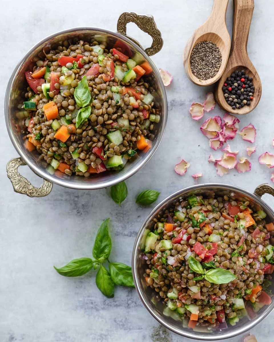 Two silver bowls filled with lentil salad sit on a white marbled surface. The salad has three main layers: small round brown lentils forming the base, topped with a mixture of diced red, green, and orange vegetables like tomatoes, cucumbers, and bell peppers, and scattered bits of green herbs adding texture. The bowls have ornate handles, and nearby are wooden spoons holding black peppercorns and ground spices, with pale pink flower petals resting on top. Two fresh green basil leaves lie on the surface near the bowls. Photo taken with an iphone --ar 4:5 --v 7