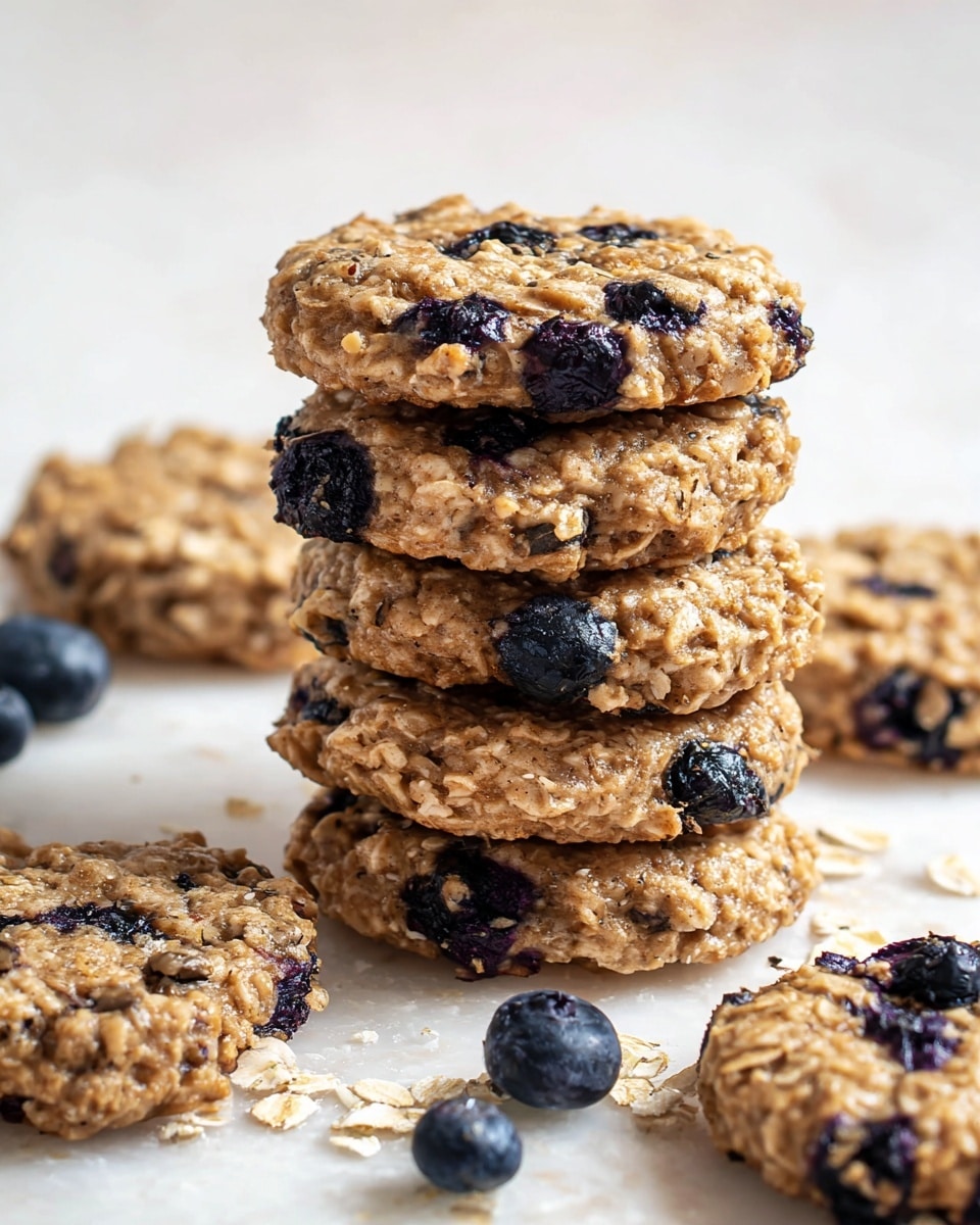 A stack of five round oatmeal cookies with visible dark blueberries baked inside, each cookie showing a rough texture with clusters of oats and small dark blue to black blueberry pieces distributed throughout. Some additional cookies lie flat around the stack on a white marbled surface, with scattered loose oats and blueberries adding detail. The blue color of the berries contrasts with the light brown of the oat cookies, creating a natural, rustic look. The photo taken with an iphone --ar 4:5 --v 7
