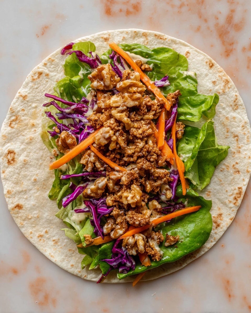 A flat tortilla laid flat on a white marbled surface forms the base layer; on top is a light spread of creamy sauce visible near the center. Fresh green lettuce leaves create the second layer, adding a leafy texture. Thin orange carrot sticks and bright purple cabbage strips add a colorful crunch above the lettuce. The top layer is made of small pieces of brown, textured cooked walnuts spread evenly, adding a chunky and rich element to the wrap. photo taken with an iphone --ar 4:5 --v 7