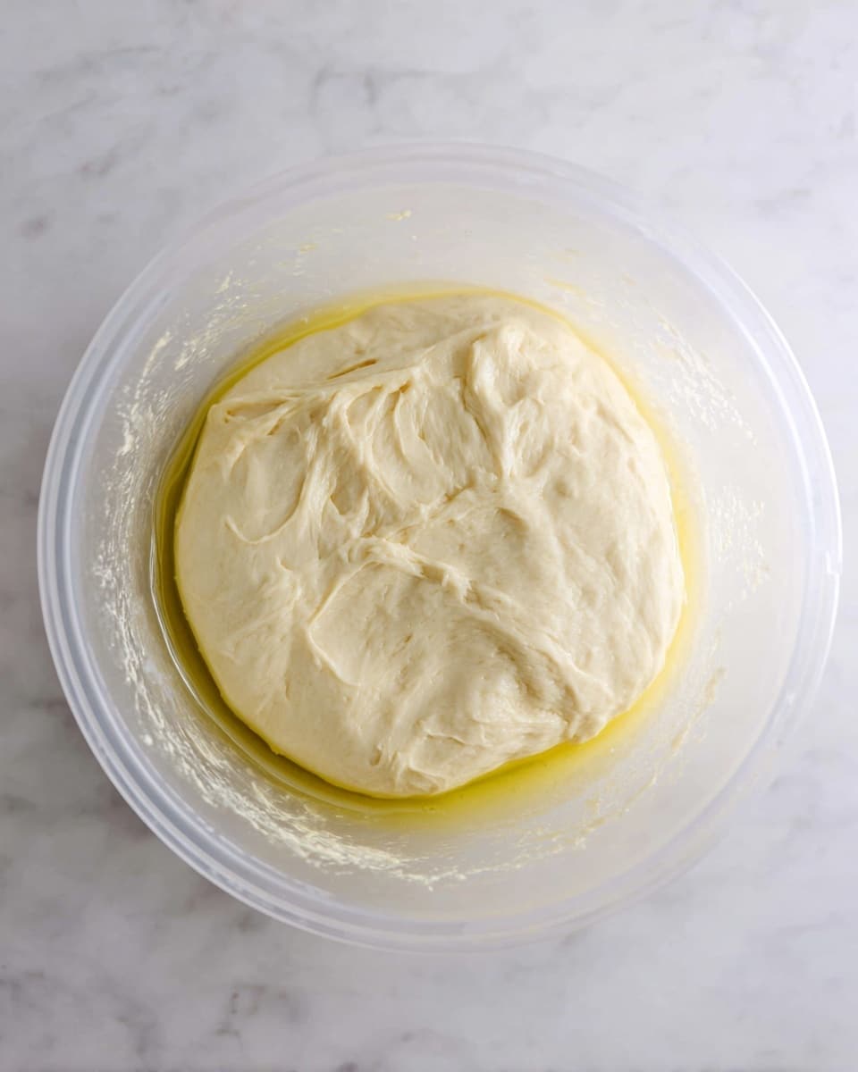 The image shows a single large, smooth, slightly shiny dough layer in a clear plastic bowl. The dough is pale cream in color with gentle folds and soft texture, filling about half of the bowl's bottom. Thin layers of oil create a shiny border around the dough. The bowl is placed on a white marbled surface. photo taken with an iphone --ar 4:5 --v 7