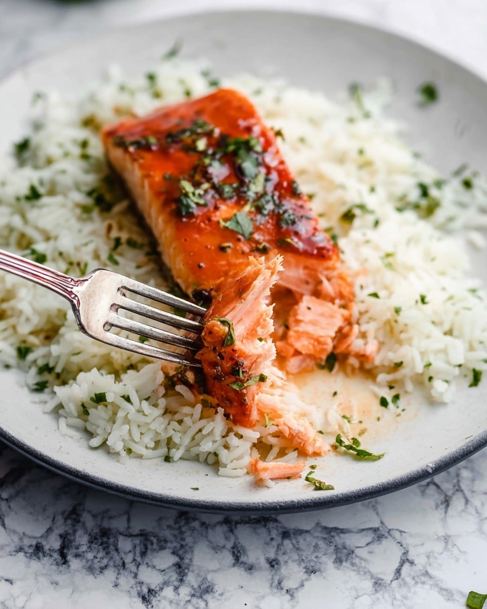 A white plate holds a bed of fluffy white rice mixed with small green herb pieces, creating a light green and white base layer. On top sits a thick, shiny piece of glazed salmon, rich orange with a slightly charred look and tiny bits of green herbs sprinkled on it. A silver fork is poking into the salmon, lifting a small, soft, pink piece to show the tender inside. The background is a white marbled surface. photo taken with an iphone --ar 4:5 --v 7