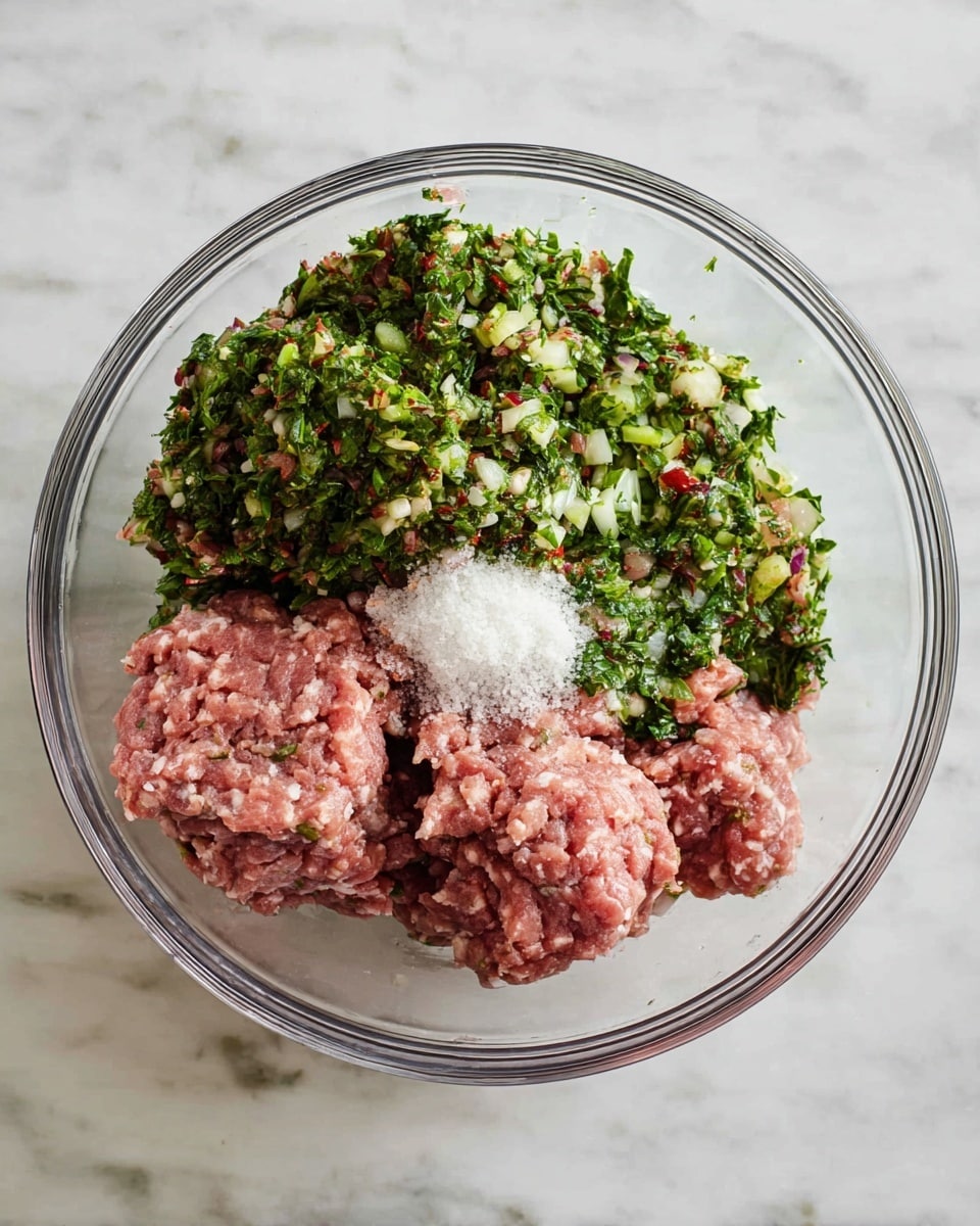 A clear glass bowl on a white marbled surface holds three main layers of ingredients: on the bottom are two large piles of pinkish ground meat, coarse and chunky; on top left is a large mixture of finely chopped fresh vegetables and herbs with green, red, white, and light brown bits, giving a textured, leafy look; between the meat and vegetable mixture is a small pile of white granules, likely salt. The ingredients are unmixed, showing clear separation in the bowl. photo taken with an iphone --ar 4:5 --v 7