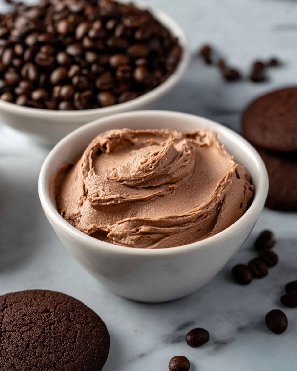 A white bowl filled with smooth, light brown creamy chocolate spread with soft, wavy textures, placed in the center of the image. In the background, there is a white bowl filled with dark roasted coffee beans, and around these bowls, dark brown round cookies are partially visible. The setting is on a white marbled surface, with soft natural lighting. photo taken with an iphone --ar 4:5 --v 7