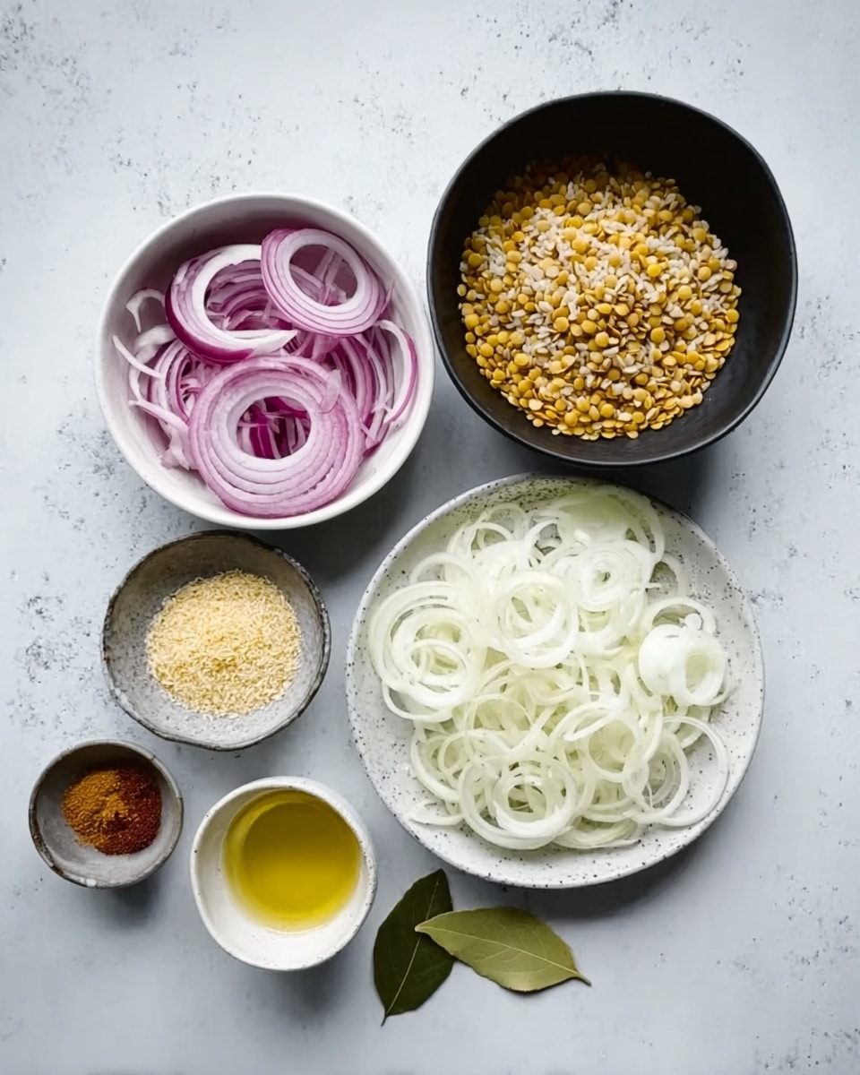 The image shows six bowls arranged on a white marbled surface. In the top left, a white bowl holds thin slices of red onion mixed with white onion. To the right, a small black bowl is filled with uncooked rice. Below these, another black bowl contains a mix of yellow and brown lentils. In the center right, a larger white plate is filled with thinly sliced white onions. At the bottom center, a small white bowl holds a golden liquid, likely oil. To the left of it, there is a small bowl with a reddish-brown powder, probably a spice, and a small container with coarse yellow seasoning sits beside it. A couple of green bay leaves rest near the oil bowl. photo taken with an iphone --ar 4:5 --v 7