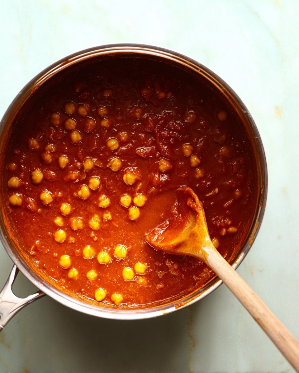 A close-up image of a shiny metal pot filled with a rich, thick tomato-based stew with round chickpeas visible throughout. A wooden spoon with some sauce on it rests across the pot’s edge, angled towards the top right. The background is a smooth white marbled surface that contrasts with the deep red and orange tones of the stew inside the pot. The stew has a glossy texture with some small bits of other ingredients mixed in. Photo taken with an iphone --ar 4:5 --v 7