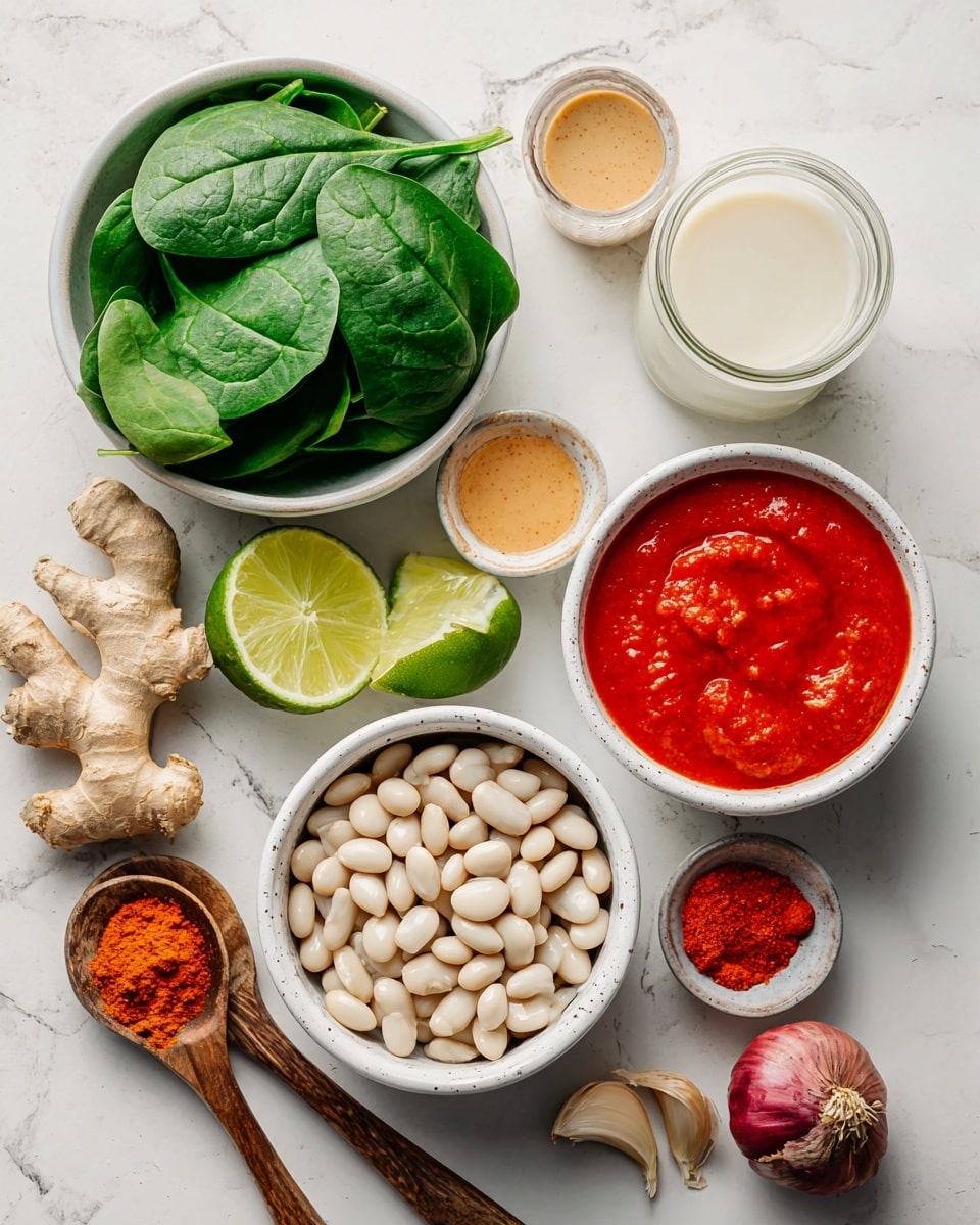 This image shows several fresh ingredients arranged on a white marbled surface. In the middle, there are two white bowls, one filled with small white beans and the other with bright red tomato sauce. To the left, a white bowl holds fresh, dark green spinach leaves. Above the bowls, there are two pieces of cut lime with bright yellow-green flesh. Above the tomato sauce bowl, there is a small container with a creamy white liquid, and near it, there is a small bowl with a light brown sauce. To the right of the bowls, there are two wooden spoons, one holding an orange powder and the other a red paste. At the bottom left, there are pieces of fresh garlic and ginger, and on the far right, there is a whole red shallot. The items create a colorful and fresh look. photo taken with an iphone --ar 4:5 --v 7
