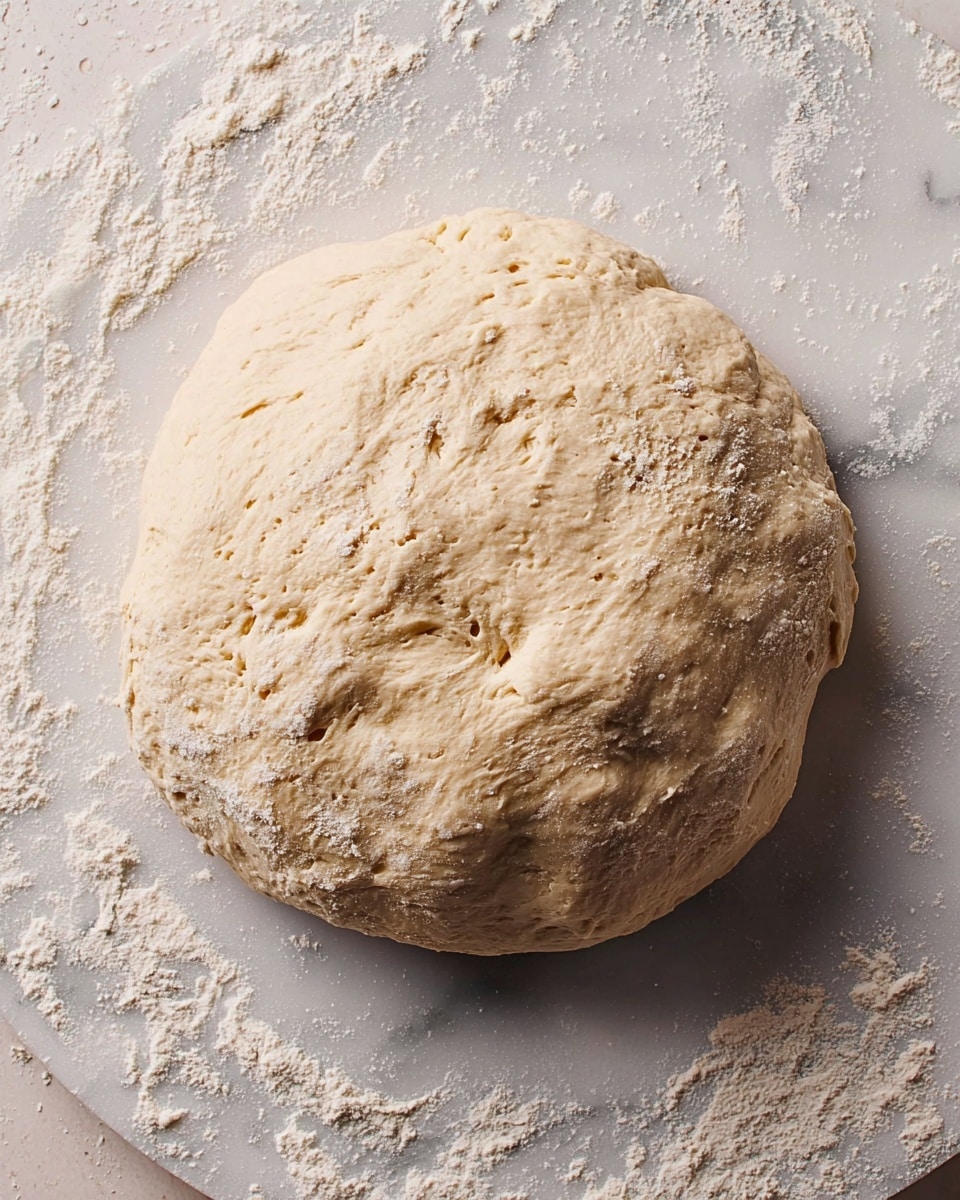 A round, pale beige dough with a rough, slightly bumpy texture sits on a white marbled round board. The dough shows some air bubbles and small indentations on its surface, indicating it has been kneaded and is resting. Light flour dust surrounds the dough and board, contrasting softly with the white marbled background. The overall appearance is soft and ready for the next step in baking. photo taken with an iphone --ar 4:5 --v 7