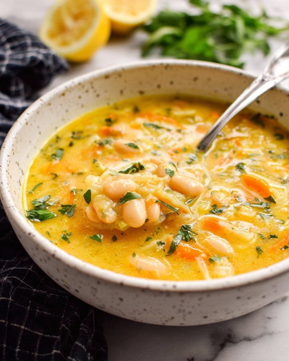 The image shows a close-up of a bowl filled with thick yellow soup containing soft pieces of white beans and small bits of orange carrot, with visible green herb leaves scattered on top. A silver spoon rests inside the soup, partly submerged. The bowl is white with a light speckled pattern and sits on a white marbled surface. In the background, there is a blurred lemon half and some green leafy herbs, along with a dark checkered cloth. The soup looks creamy and comforting. Photo taken with an iphone --ar 4:5 --v 7