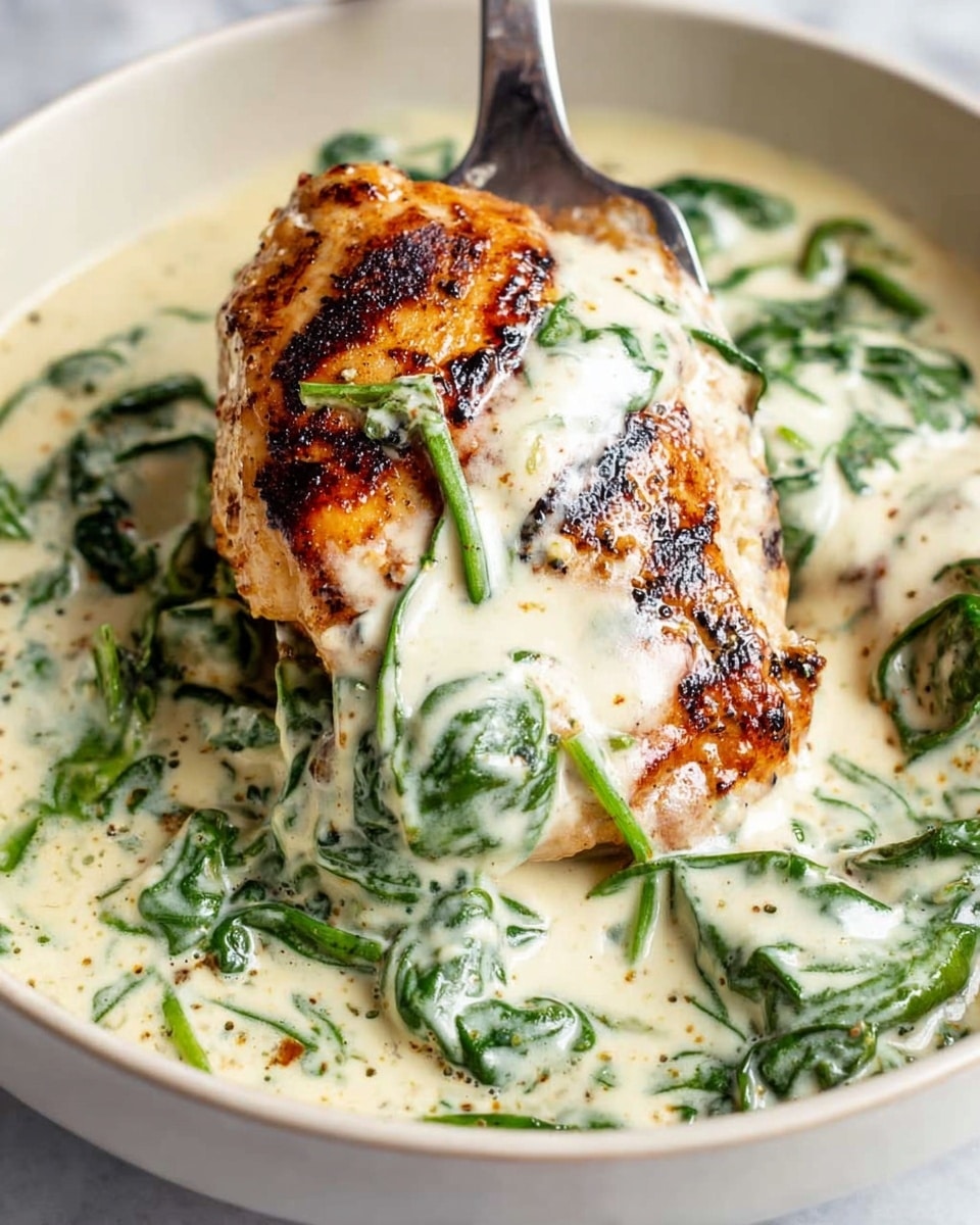 The dish shows a golden brown cooked chicken piece covered with a thick, creamy white sauce mixed with fresh green spinach leaves. The chicken's surface looks crispy with dark grill marks, and the sauce is rich and smooth, slightly dripping around the chicken and spinach. The food sits in a white bowl on a white marbled surface. A metal spatula is placed under the chicken, lifting it slightly. Photo taken with an iphone --ar 4:5 --v 7