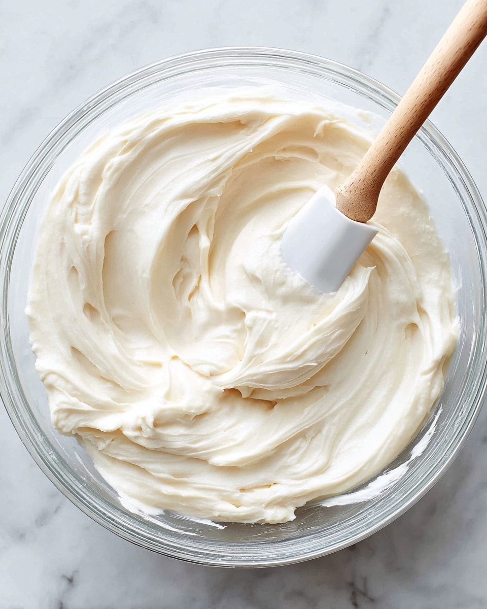 A clear glass bowl sits on a white marbled surface, filled with thick, smooth, creamy white frosting. A white spatula with a wooden handle is resting inside the bowl, partially dipped in the frosting, with soft folds and swirls indicating a soft, spreadable texture. The lighting highlights the frosting's rich yet light consistency, making it look fresh and ready to use. Photo taken with an iphone --ar 4:5 --v 7