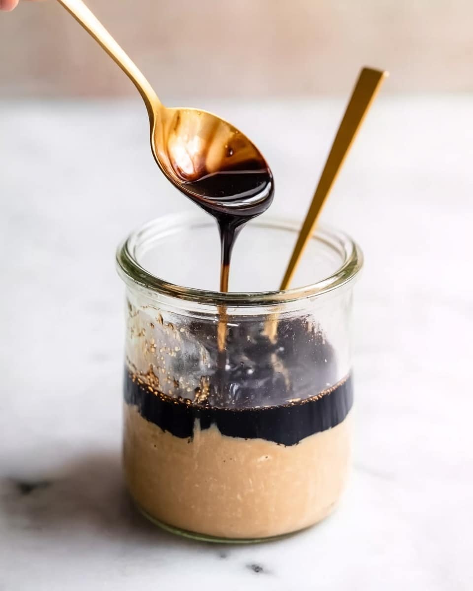 The image shows a clear glass jar on a white marbled surface. Inside the jar, there are two layers: a thick, creamy light brown layer on top and a dark, glossy black layer at the bottom. A woman's hand is holding a gold measuring spoon that is pouring the dark black liquid into the jar, mixing with the light brown mixture. A gold spoon stands inside the jar, leaning against the rim. The background is softly blurred, keeping the focus on the jar and the pouring liquid photo taken with an iphone --ar 4:5 --v 7