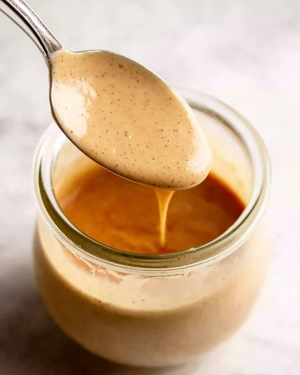 A close-up image of a spoon holding a thick, smooth sauce with a light brown color and small specks on its surface. The spoon is shiny and metallic, slightly tilted, with the sauce flowing gently on it. The spoon is held above a glass jar filled with the same sauce, showing a creamy texture inside. The background is a white marbled texture. photo taken with an iphone --ar 4:5 --v 7
