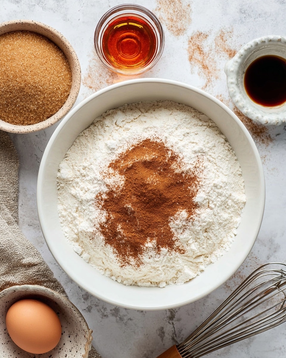 A large white bowl sits on a white marbled surface, filled mostly with white flour but with a layer of brown cinnamon powder sprinkled on top in the center, creating a contrast of light and warm brown colors. To the left, there is a white bowl filled with brown sugar, showing a rough texture on its surface. At the top edge, there is a clear glass of amber liquid, and next to it, a small rustic bowl holds a dark brown liquid. On the right side, a small white dish holds a single brown egg, and next to it lies a metal whisk with a wooden handle, resting flat on the white marbled surface. Photo taken with an iphone --ar 4:5 --v 7