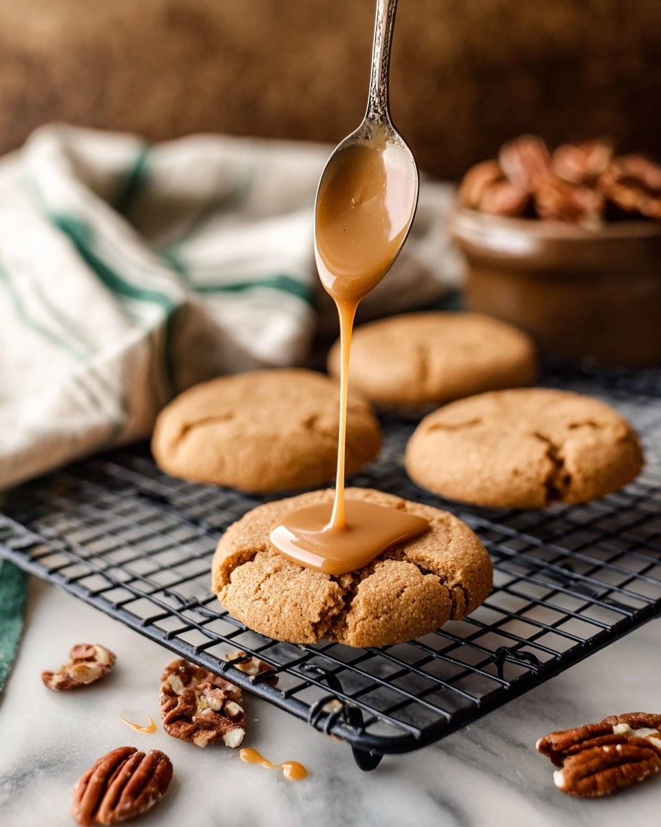 The image shows four round golden brown cookies on a black cooling rack, placed on a white marbled surface. One cookie in the center has a smooth, light caramel-colored sauce being poured over it from a spoon held above, creating a small pool slowly spreading over the cookie's cracked texture. Around the tray, there are scattered pecan nuts, and in the background, a blurred white cloth with green stripes and a brown container filled with pecans add depth. The warm, rustic tones of the background contrast with the bright cookies and sauce, giving a cozy feeling. Photo taken with an iphone --ar 4:5 --v 7