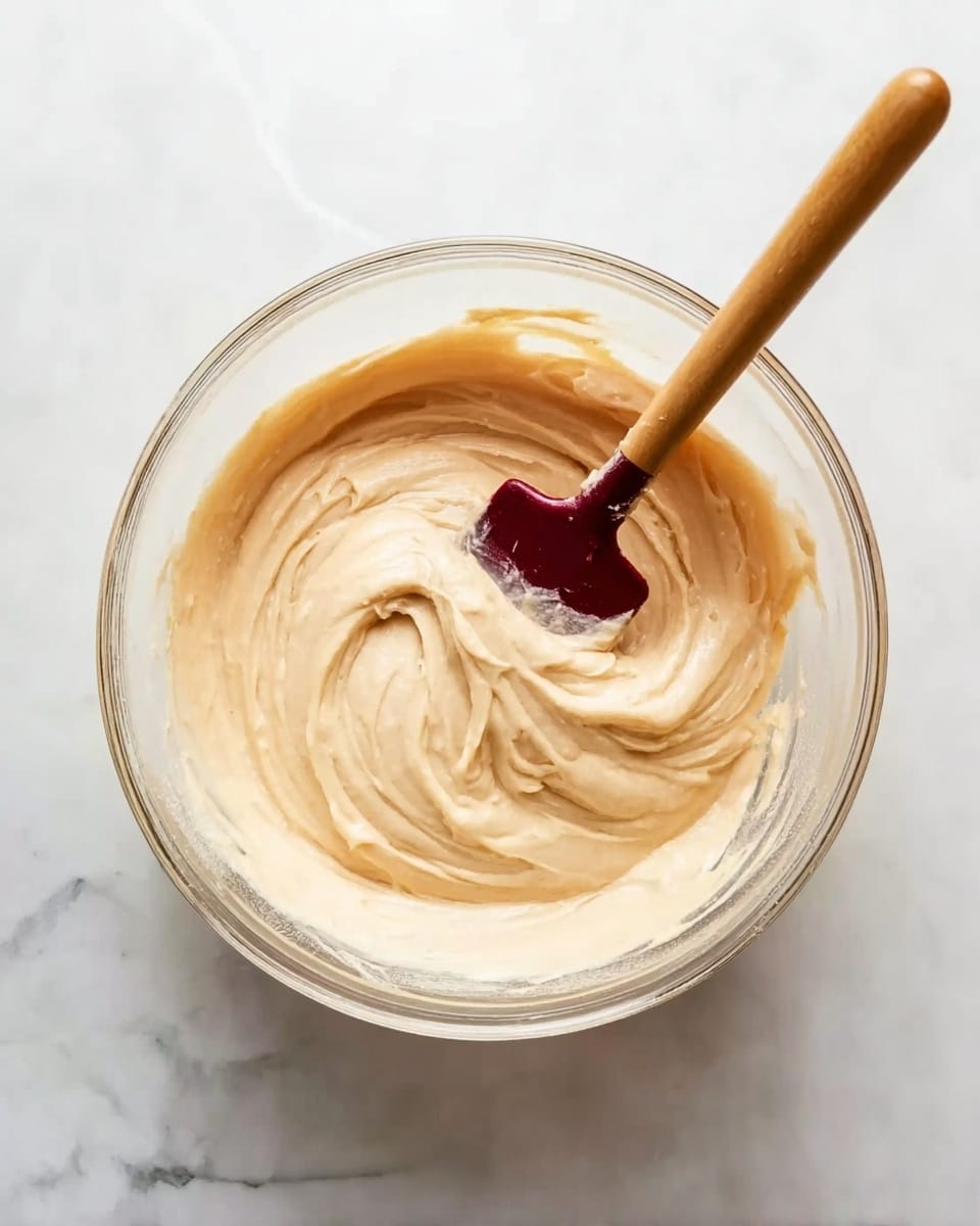 A clear glass bowl filled with light beige, smooth, thick batter, swirled gently in the bowl showing soft, creamy texture. A dark brown spatula with a maroon silicone tip is resting inside the batter, slightly lifting and folding the mixture. The bowl is placed on a white marbled surface, with soft natural light highlighting the creamy batter and the glossy finish of the spatula. photo taken with an iphone --ar 4:5 --v 7