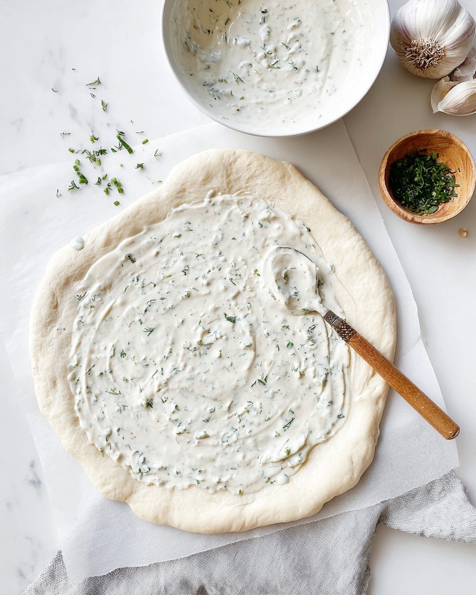 A round layer of dough with a thick, creamy white sauce spread unevenly on top, showing small green herb bits mixed in; a spoon with a wooden handle rests on the sauce. The dough is placed on white parchment paper, on a white marbled surface. In the top right corner, there are two whole garlic bulbs, and next to the dough, there is a white bowl with more white sauce and green herbs, accompanied by a small wooden bowl with chopped green herbs. A light gray cloth is partially visible under the bowl. Photo taken with an iphone --ar 4:5 --v 7