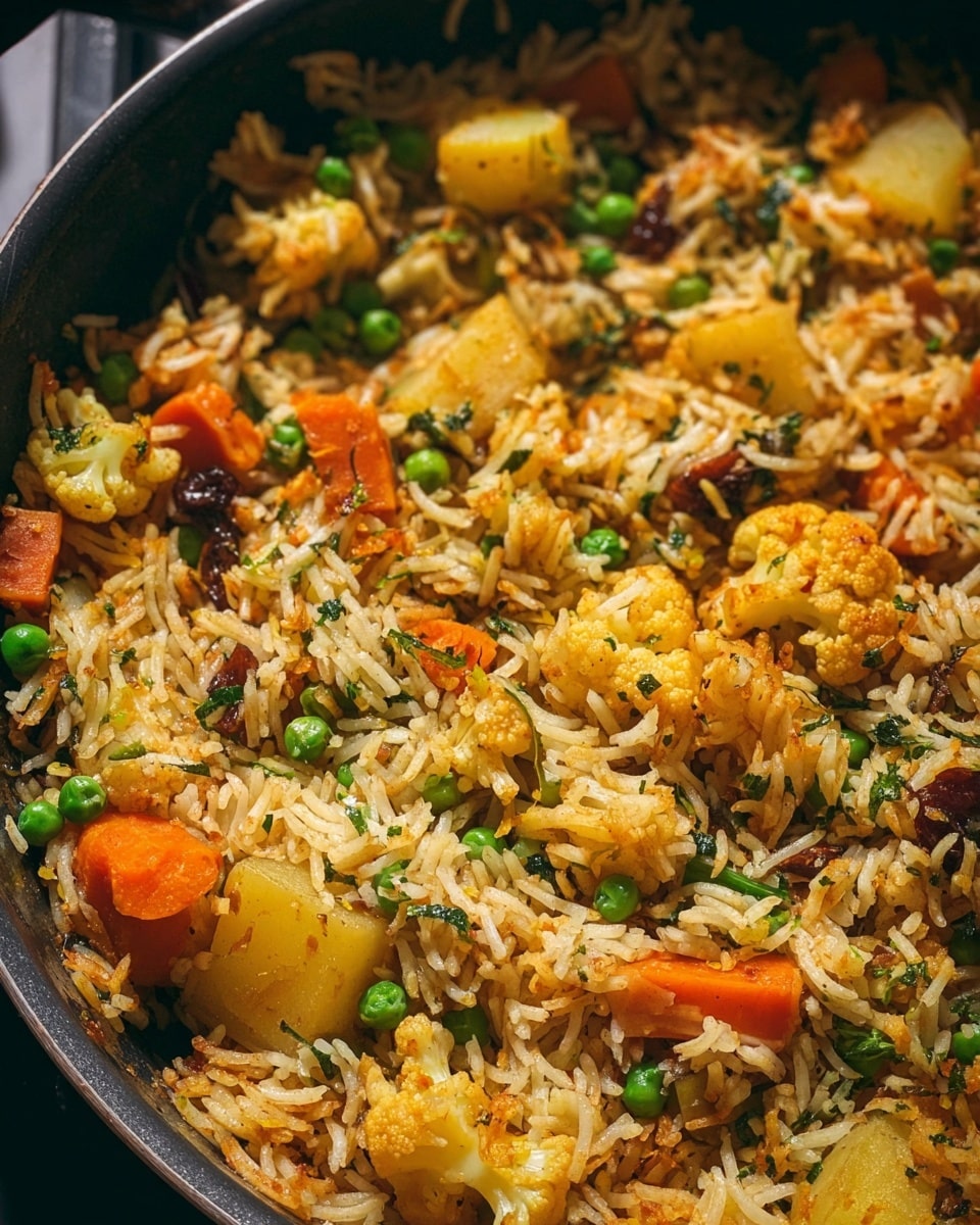 A close-up view of a cooked mixed vegetable rice dish inside a dark pan, showing a mix of long-grain rice with small green peas scattered throughout. The dish has several layers of ingredients including small yellow potato cubes, thin orange carrot slices, and white cauliflower florets. There are also visible pieces of brown nuts and raisins, along with some green chili slices and bay leaves. The rice looks well mixed with spices giving it a slight yellow tint, and fresh green herbs are lightly sprinkled over the dish. The texture varies from soft vegetables to slightly crispy fried rice grains, all combined in a colorful, hearty mix. Photo taken with an iphone --ar 4:5 --v 7