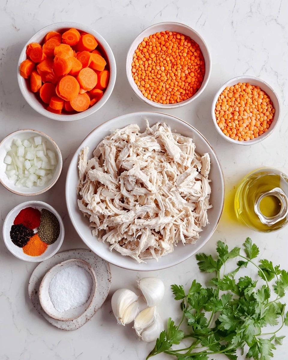 The image shows a white bowl filled with shredded pale beige chicken placed in the center on a white marbled surface. Surrounding it are several smaller white bowls with different colorful ingredients: bright orange carrot slices in one, vibrant orange lentils in another, and white chopped onions in a third. There is also a small white bowl containing mixed spices in red, yellow, and brown shades. Next to the chicken bowl is a small plate divided into two sections, holding white salt on one side and black pepper on the other. Nearby, there are three garlic cloves and a small clear bottle filled with golden olive oil. Some fresh green cilantro leaves are laid beside the bowls. The whole setup is neat and bright, with good lighting highlighting the colors of the ingredients, photo taken with an iphone --ar 4:5 --v 7