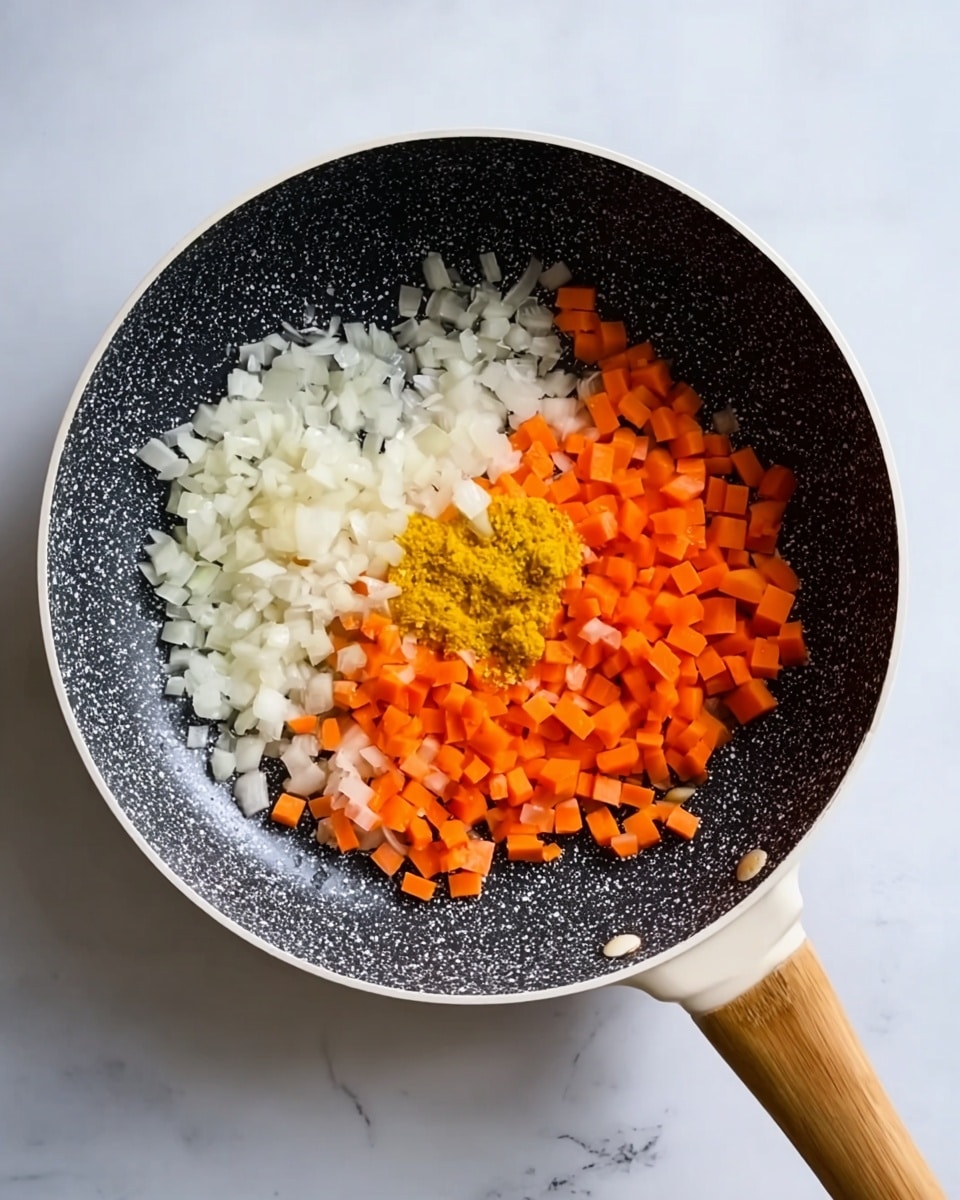 A white pan with a speckled black inside sits on a white marbled surface. Inside the pan, there are three main layers: finely chopped white onions spread on the left side, bright orange diced carrots piled on the right side, and a small mound of yellow ginger paste placed between the onions and carrots near the top center of the pan. The pan has a wooden handle extending to the right. Photo taken with an iphone --ar 4:5 --v 7