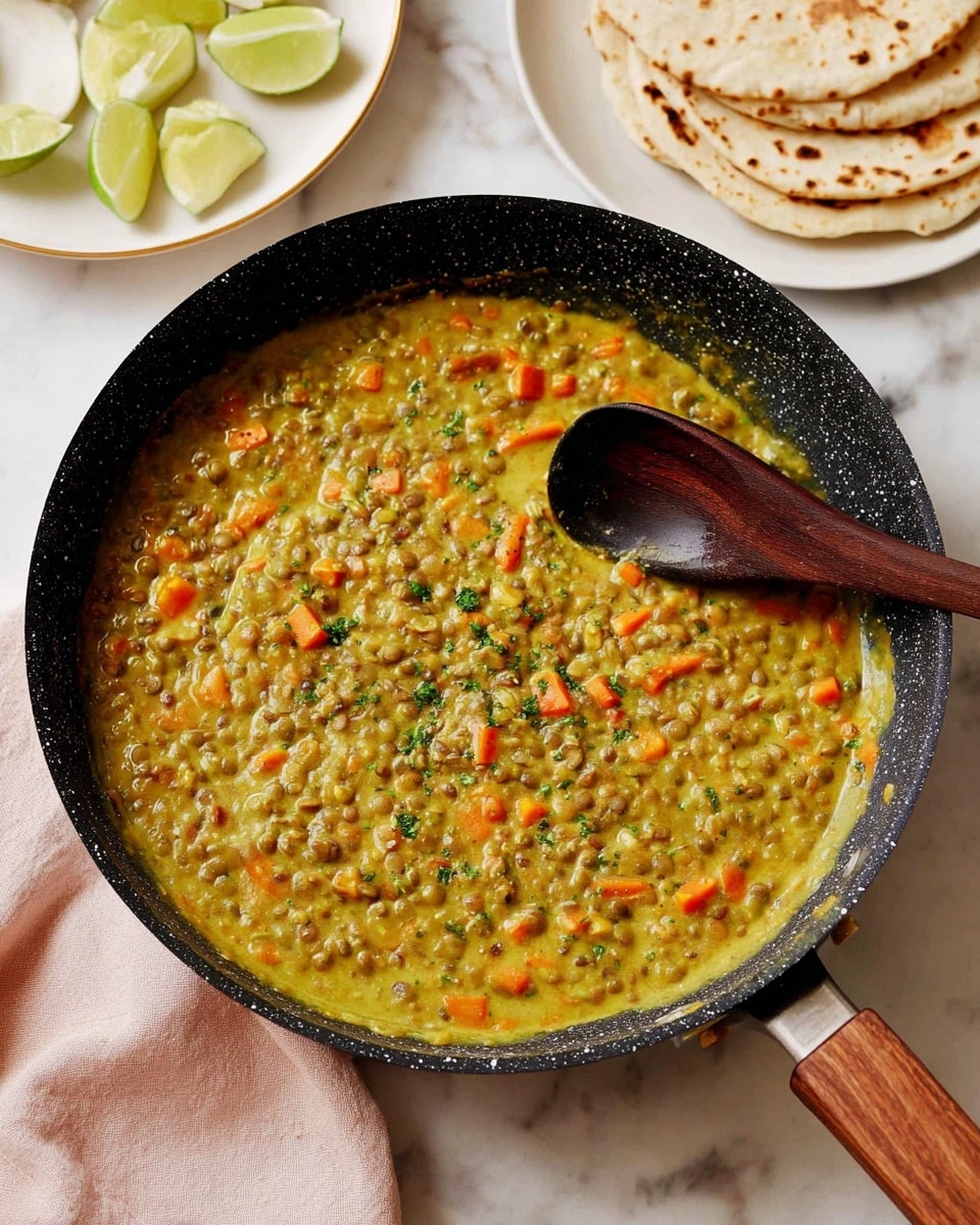 A close-up view of a black speckled frying pan with a wooden handle filled with a thick lentil curry that has a creamy yellow-green sauce mixed with small green lentils and orange carrot cubes scattered throughout, garnished with small green herb bits on top; the pan sits on a white marbled surface with a dark wooden spoon inside it, and in the background, there are three round white tortillas with golden brown spots placed on a white round plate, along with three lime wedges arranged nearby; a light pink cloth is partially visible on the side. photo taken with an iphone --ar 4:5 --v 7