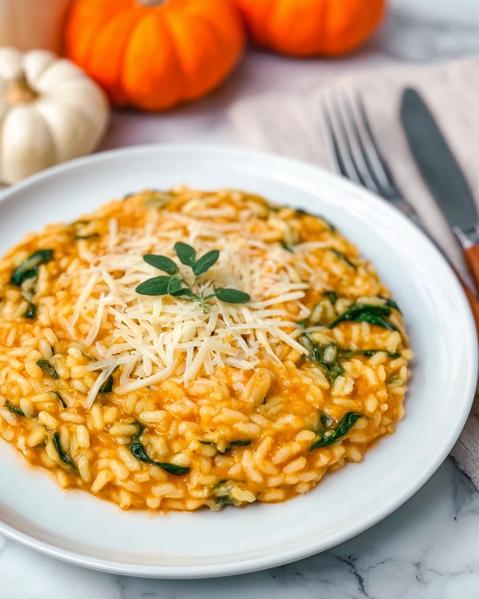 A white plate holds a single layer of creamy orange risotto with visible small pieces of green spinach mixed throughout. On top of the risotto, there is a thin layer of shredded pale yellow cheese scattered in the center, garnished with a few small green herb leaves. The plate is set on a white marbled texture surface, with a silver fork and knife resting beside it on the right. In the background are small pumpkins in shades of orange and white, blurred for depth. photo taken with an iphone --ar 4:5 --v 7