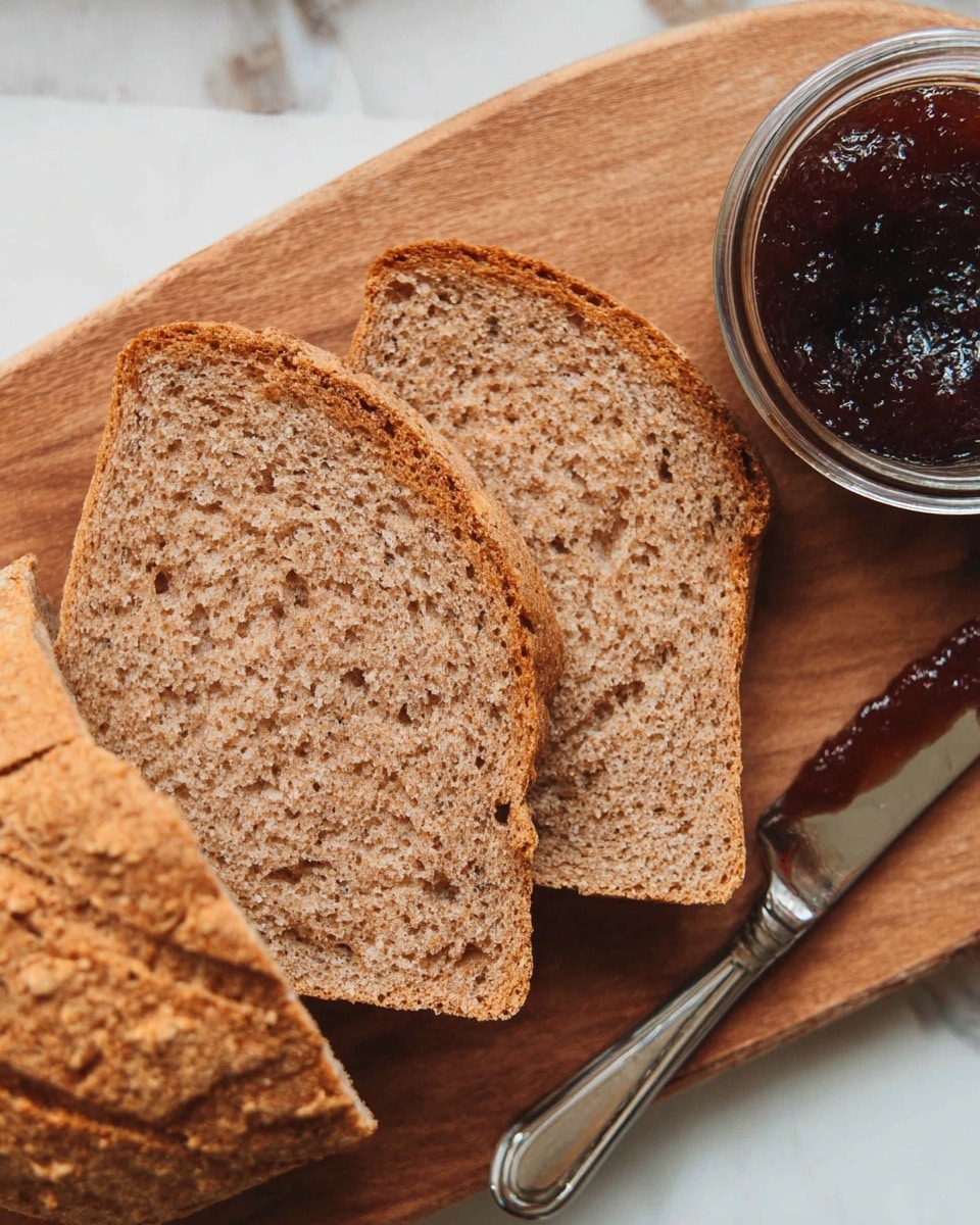 Three slices of light brown bread with a textured crust are placed on a wooden board. Next to the bread, there is a small clear jar filled with dark brown jam, with a knife partially dipped into the jam. The background is a white marbled surface. Photo taken with an iphone --ar 4:5 --v 7