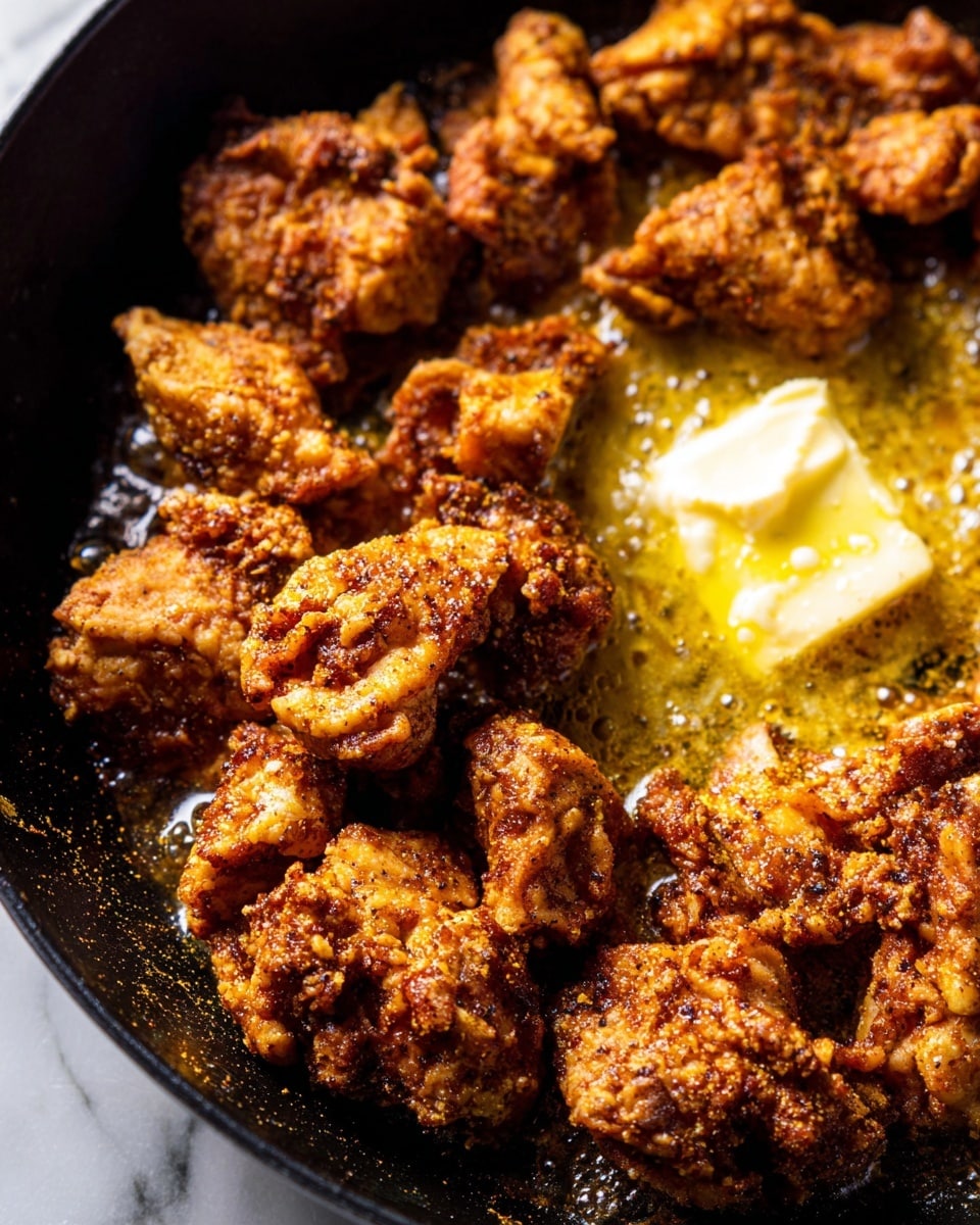 The image shows a close-up of many small pieces of fried chicken in a black pan, coated in a golden brown, crunchy spice mix. In the center, there is a melting piece of butter that is light yellow, bubbling and starting to coat the chicken pieces with a shiny, rich layer. The chicken pieces have a rough, crispy texture with a mix of darker and lighter brown colors, showing they are well cooked. The pan is black with a slightly glossy surface and the whole scene is set on a white marbled texture. photo taken with an iphone --ar 4:5 --v 7