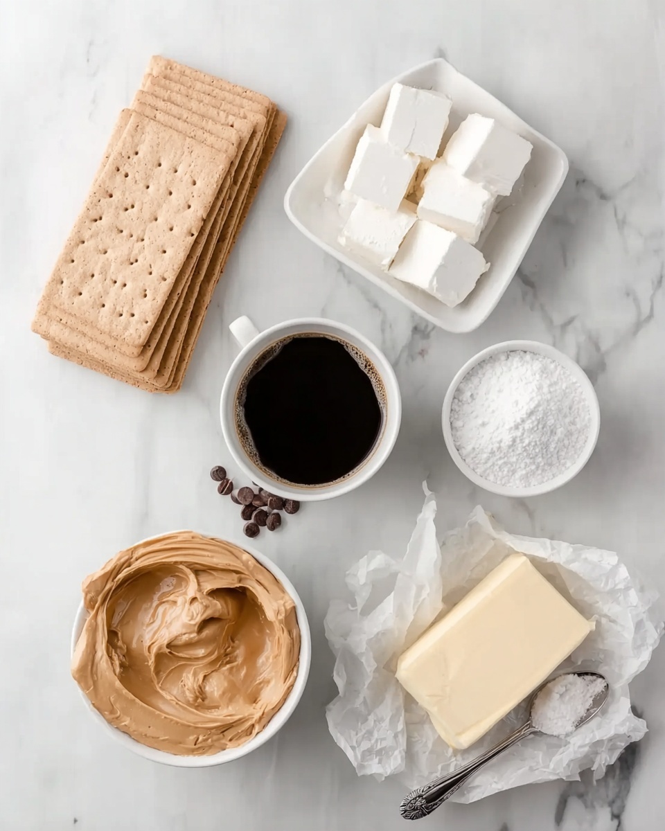 Disneyland Peanut Butter Squares Recipe 4 The image shows a flat lay of ingredients on a white marbled surface. There are six main items: a stack of light brown rectangular crackers placed on the top left corner, a small white bowl with four white blocks of cream cheese below it, a small white cup filled with dark brown coffee or espresso in the center, a small white square bowl filled with white powdered sugar to the right of the cup, a larger white bowl with creamy light brown peanut butter swirled inside on the bottom left, and a block of pale yellow butter resting on partially unwrapped white parchment paper on the bottom right. Near the powdered sugar and coffee cup, there is a silver spoon with a white substance on it. photo taken with an iphone --ar 4:5 --v 7